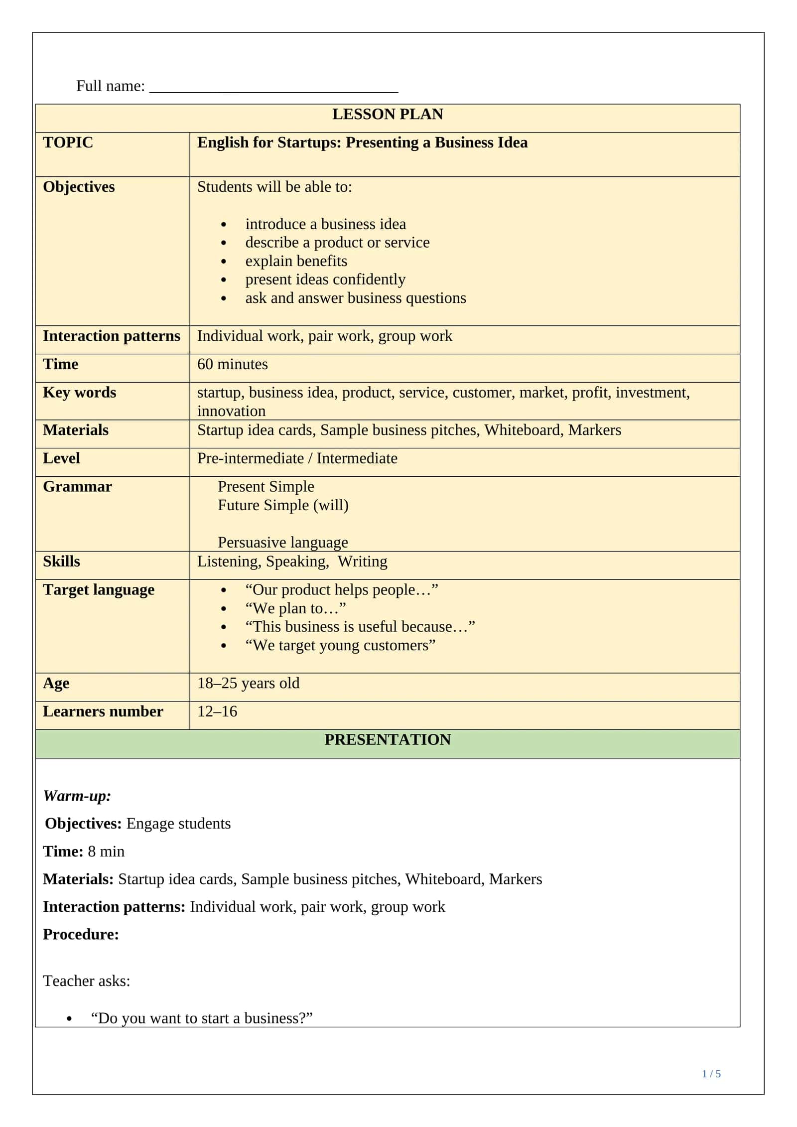 Lesson plan for teaching English for Startups