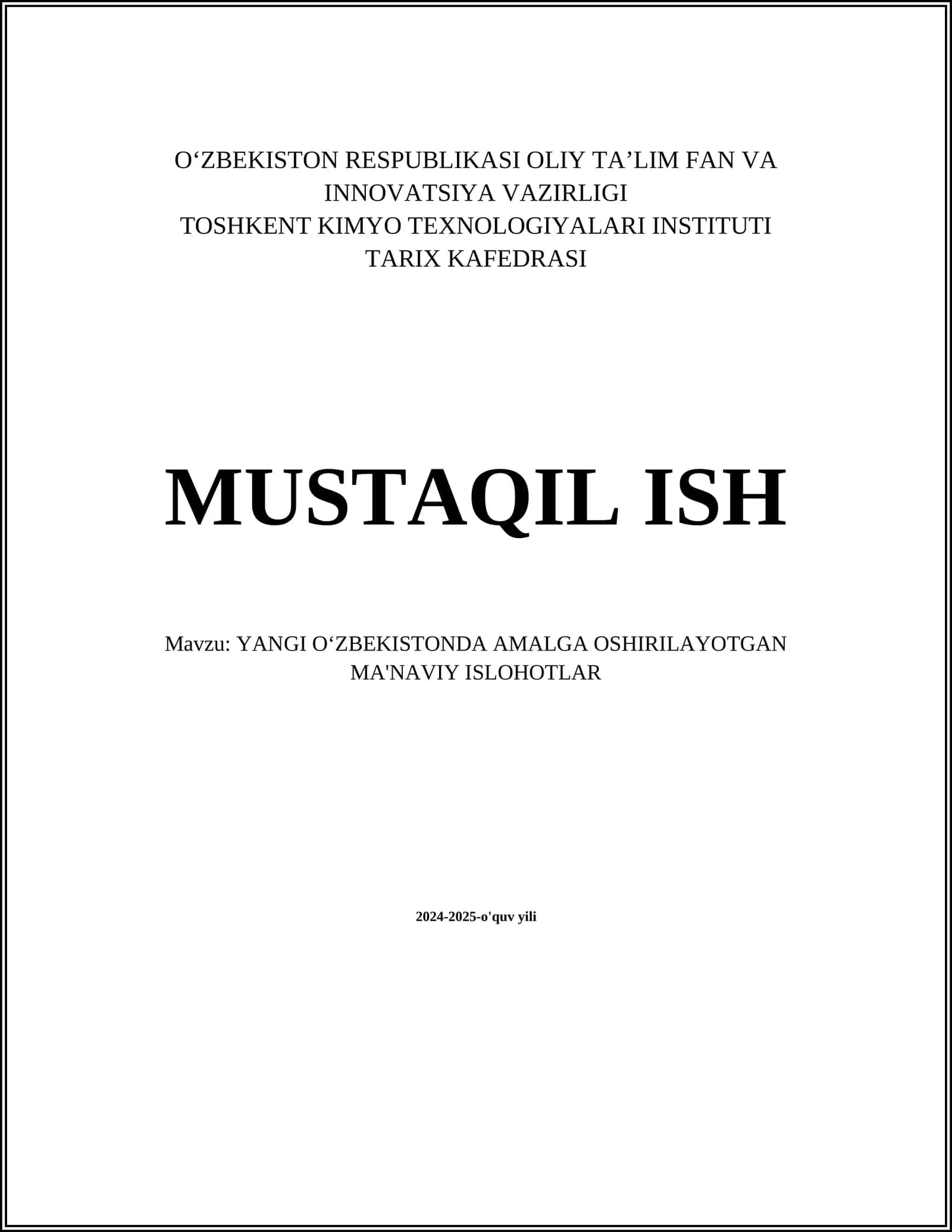 YANGI OʻZBEKISTONDA AMALGA OSHIRILAYOTGAN MA'NAVIY ISLOHOTLAR