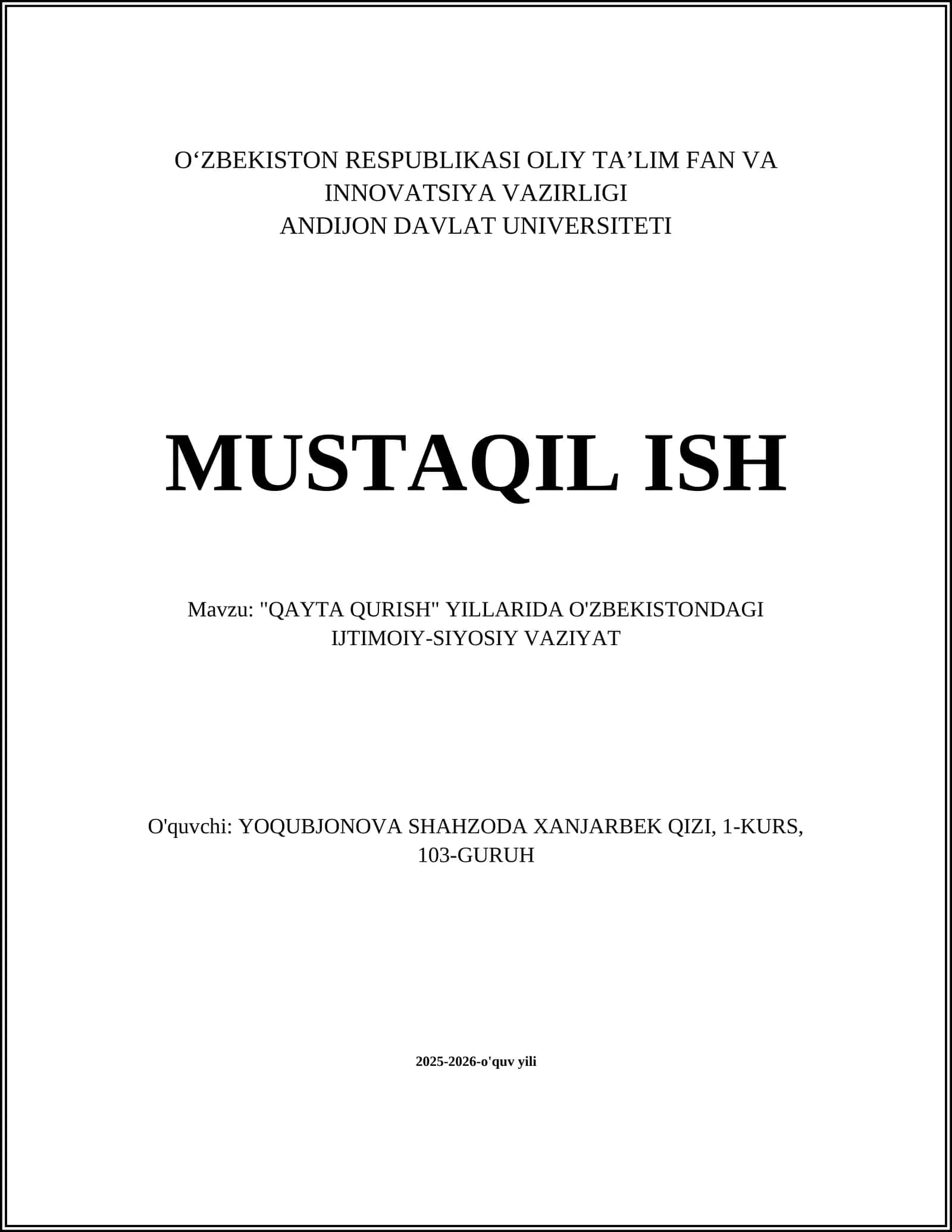 "QAYTA QURISH" YILLARIDA O'ZBEKISTONDAGI IJTIMOIY-SIYOSIY VAZIYAT