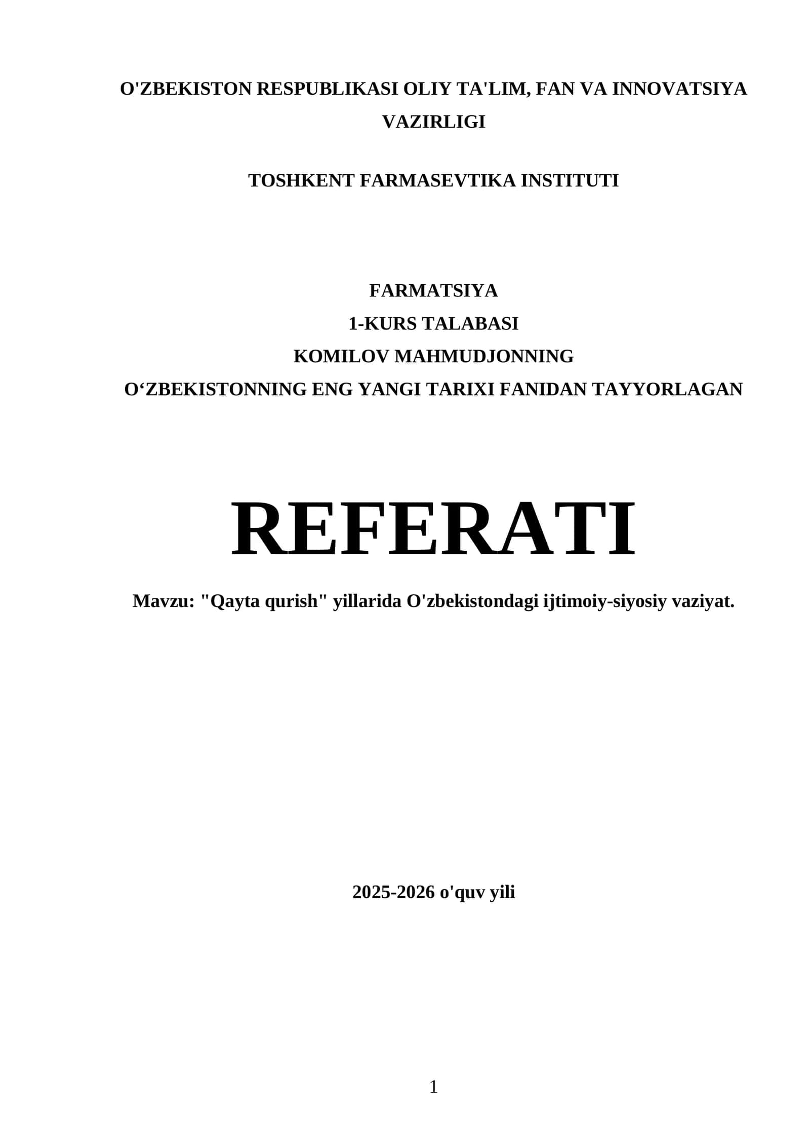 O'zbekistonning ENG YANGI TARIXI FANIDAN TAYYORLAGAN REFERATI