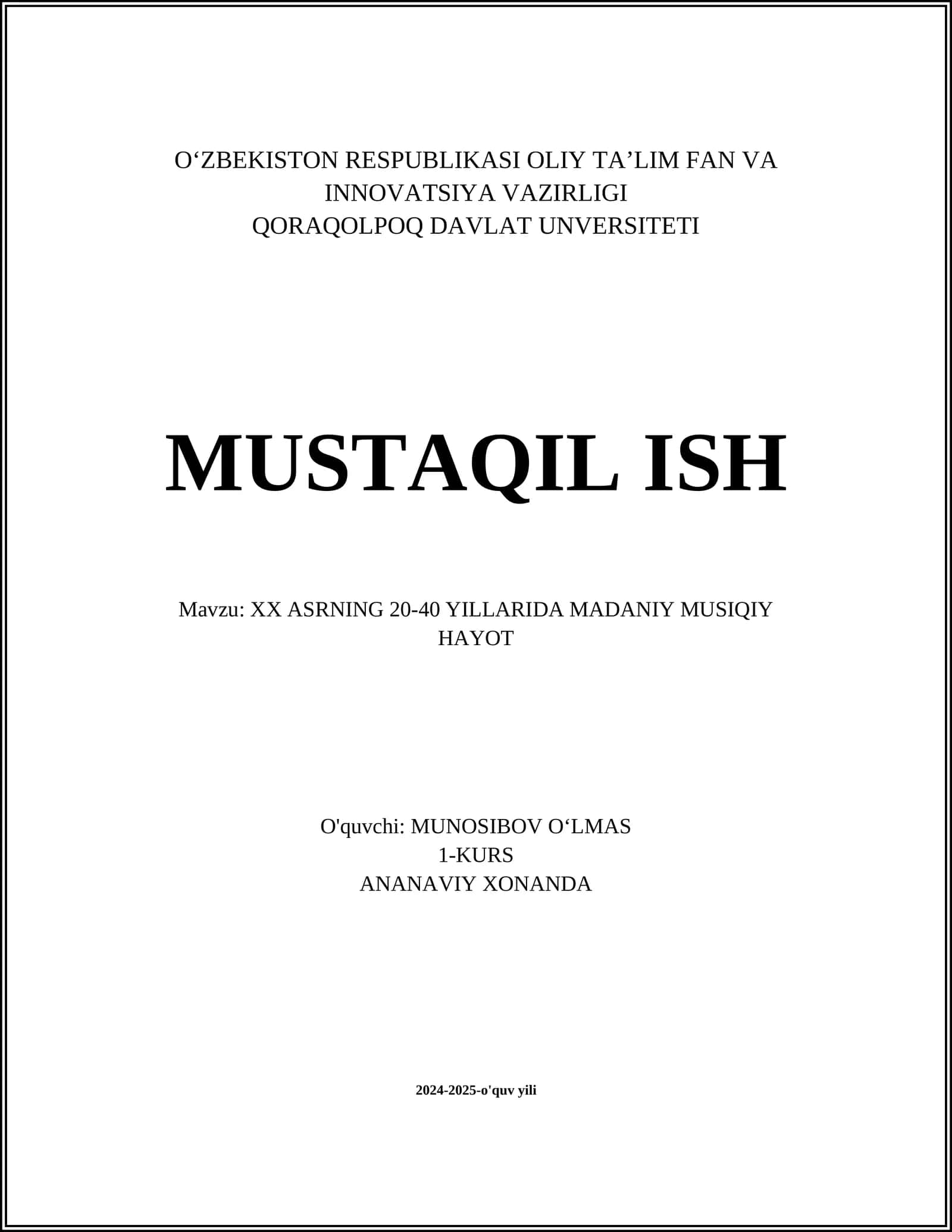 XX ASRNING 20-40 YILLARIDA MADANIY MUSIQIY HAYOT