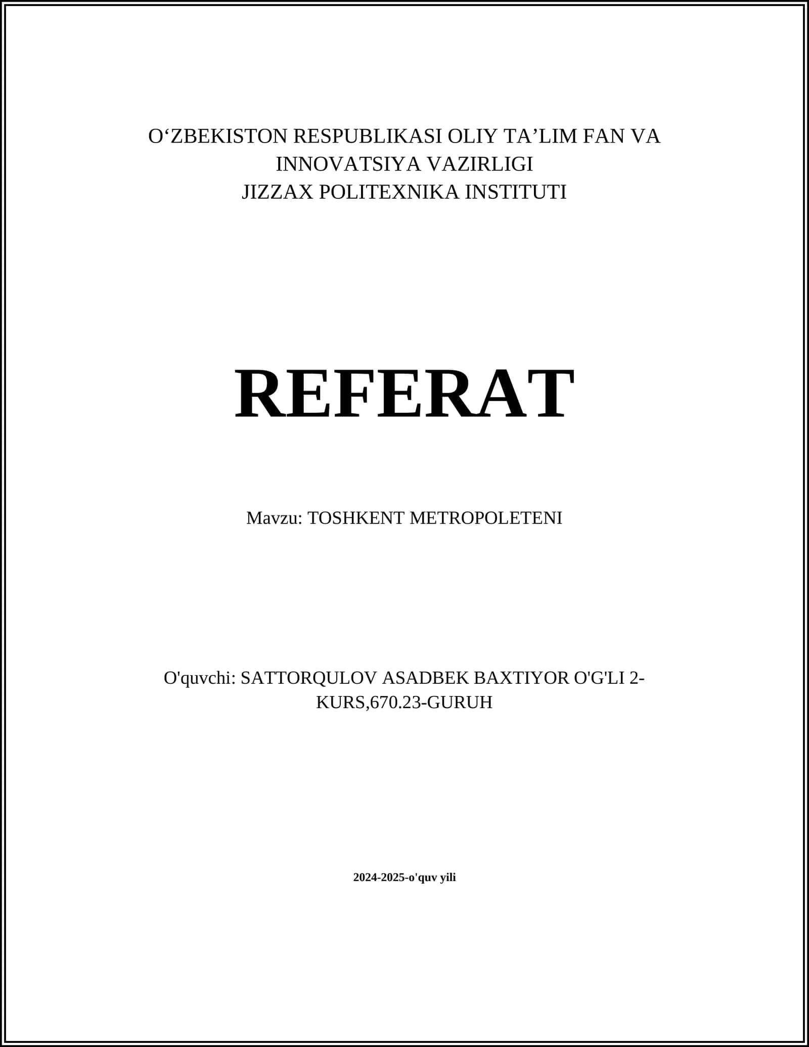 Toshkent Metropoliteni Referat