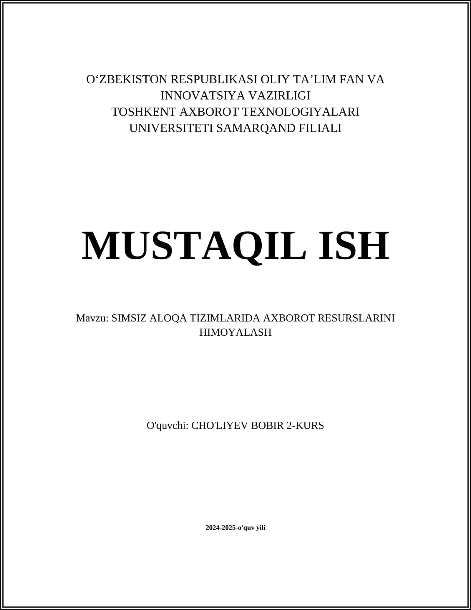 SIMSIZ ALOQA TIZIMLARIDA AXBOROT RESURSLARINI HIMOYALASH