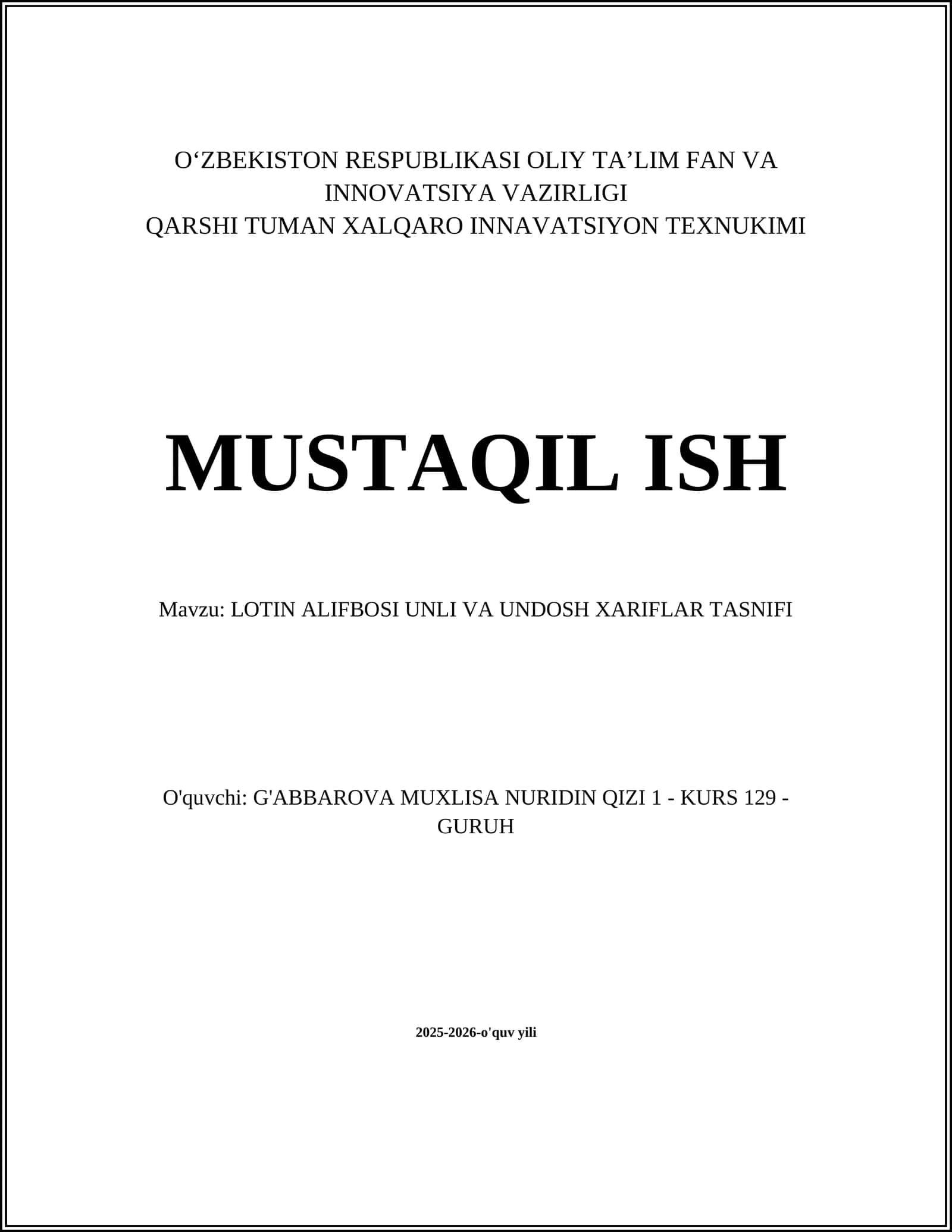 LOTIN ALIFBOSI UNLI VA UNDOSH XARIFLAR TASNIFI