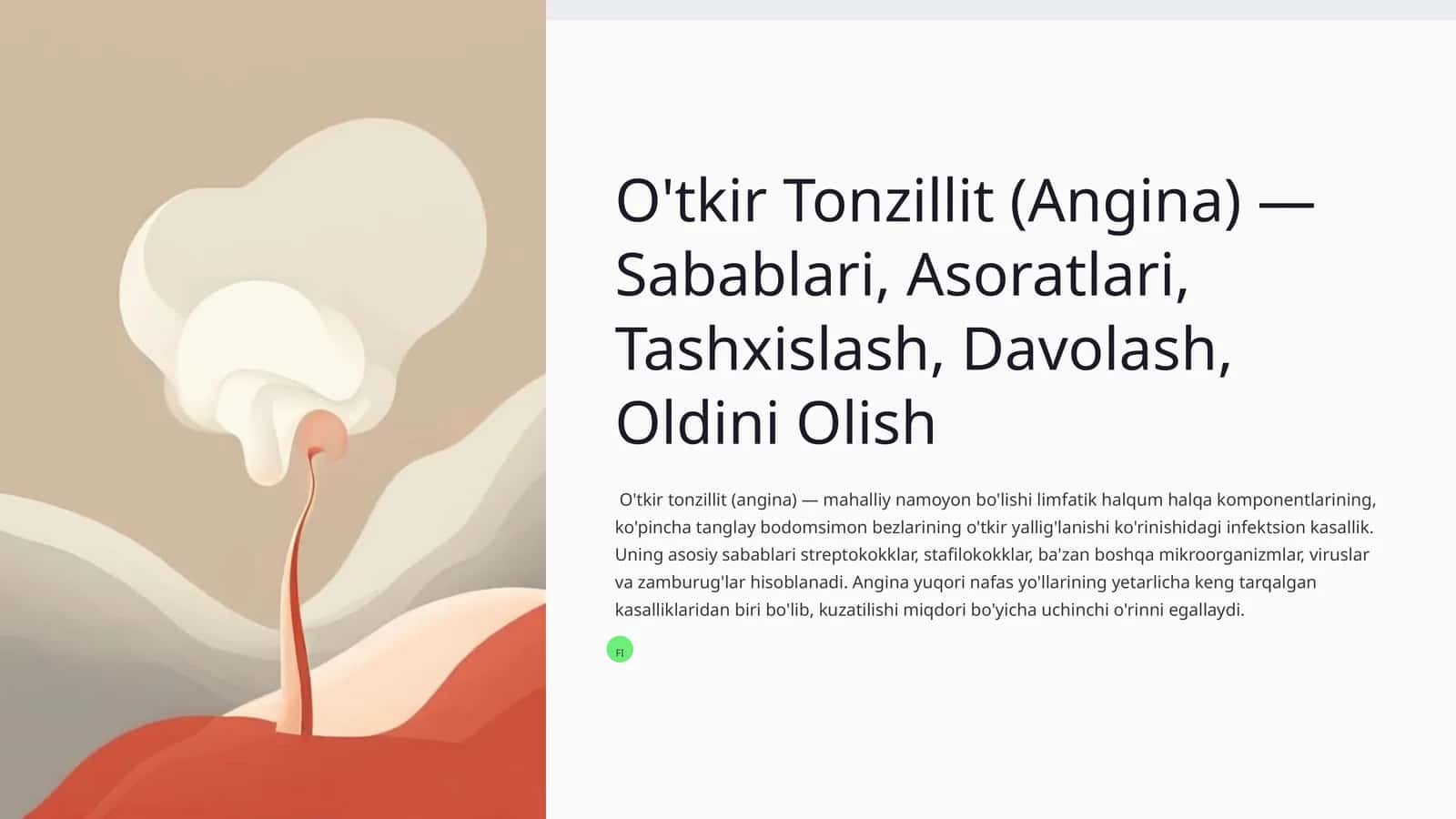 O'tkir Tonzillit (Angina) — Sabablari, Asoratlari, Tashxislash, Davolash, Oldini Olish