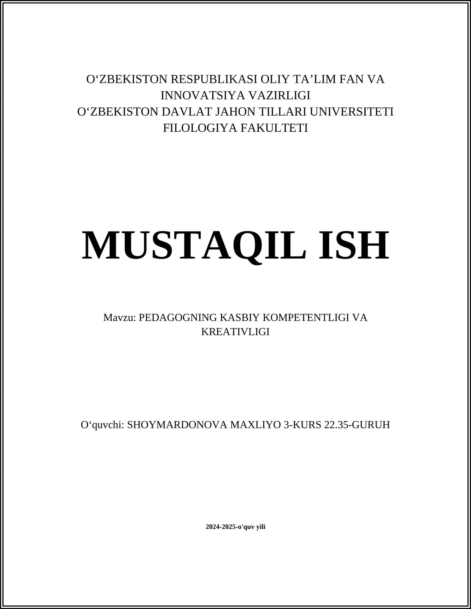 PEDAGOGNING KASBIY KOMPETENTLIGI VA KREATIVLIGI