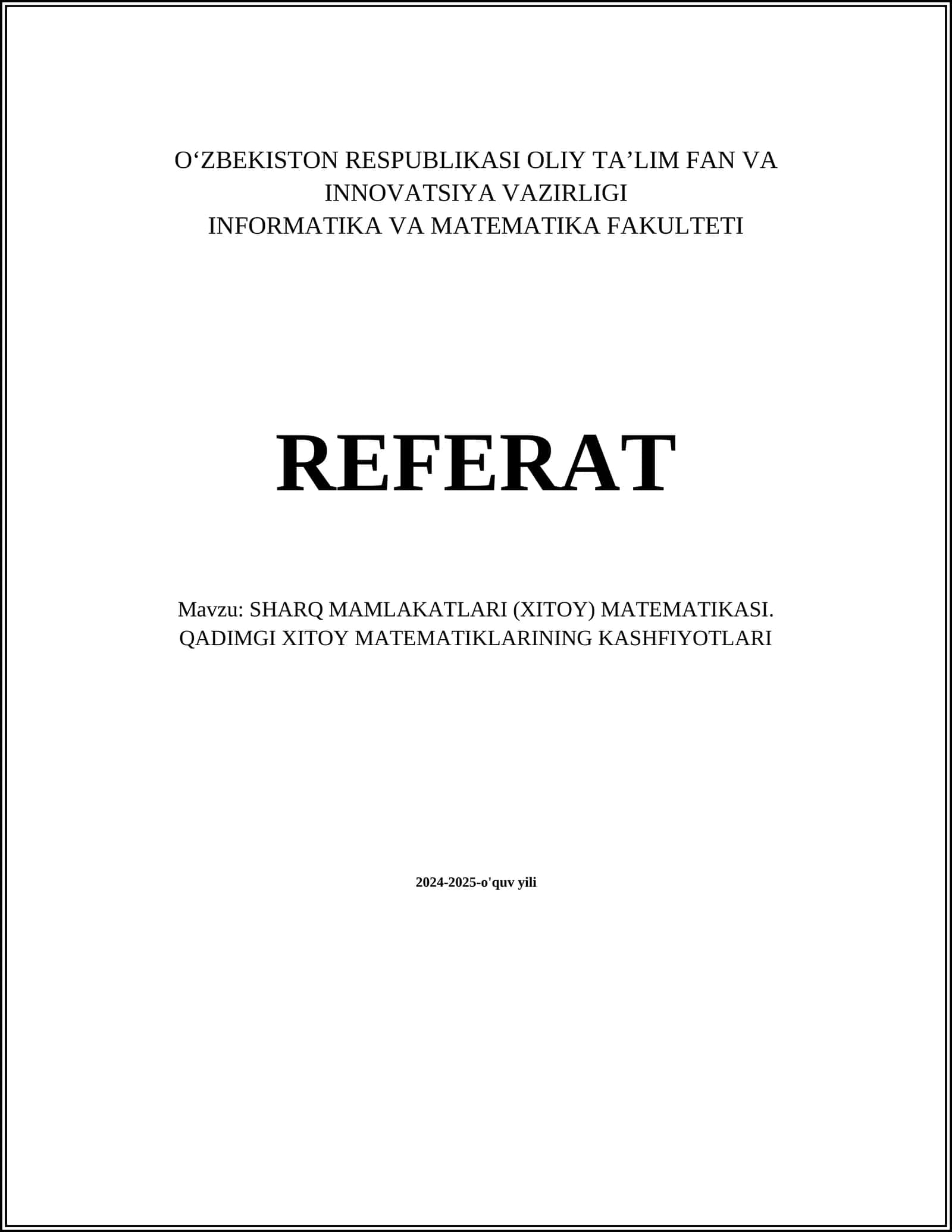 SHARQ MAMLAKATLARI (XITOY) MATEMATIKASI