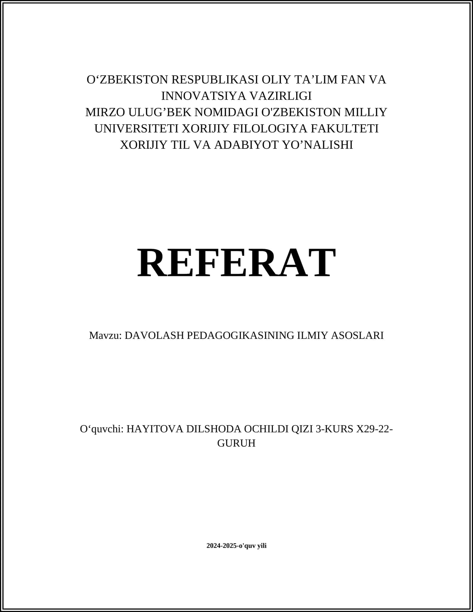DAVOLASH PEDAGOGIKASINING ILMIY ASOSLARI