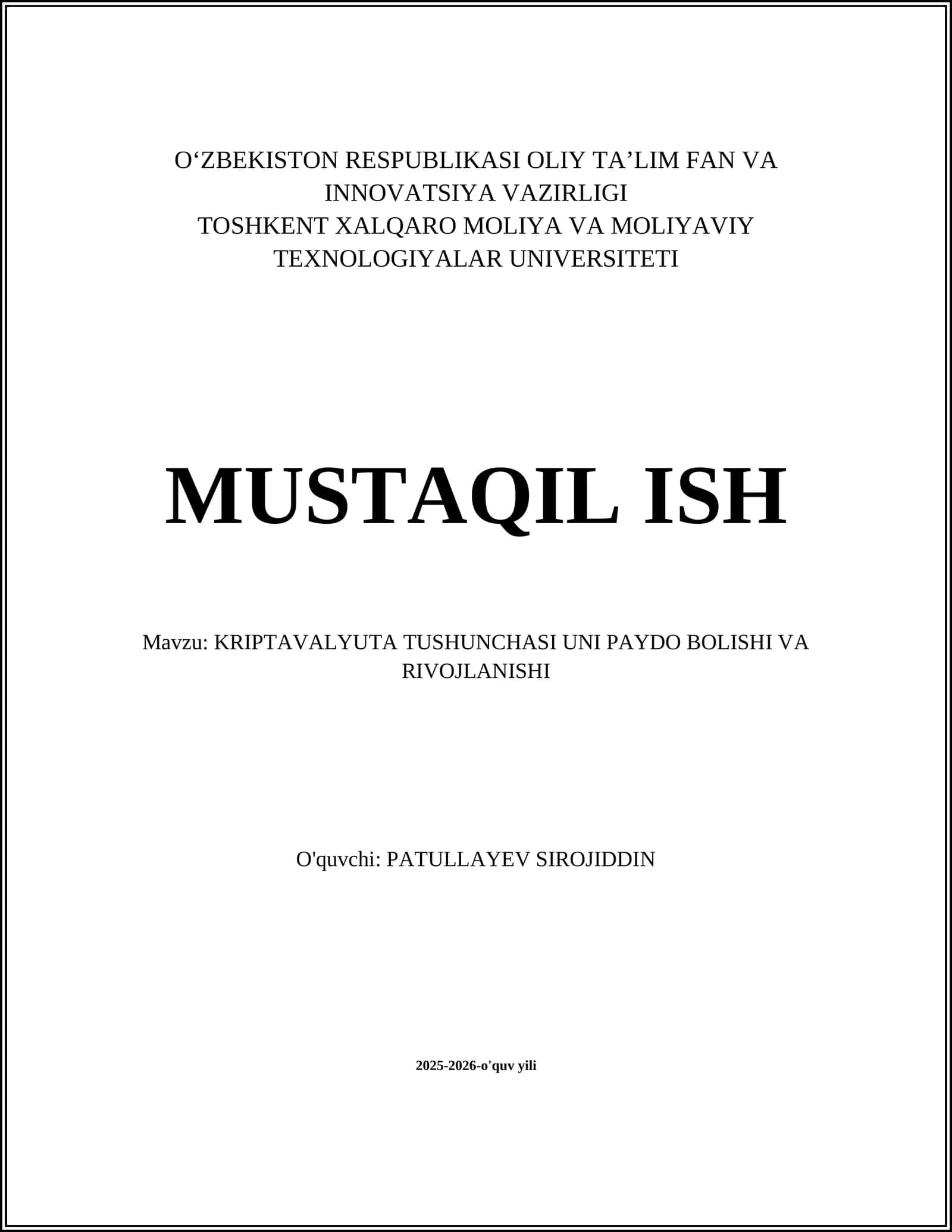 KRIPTAVALYUTA TUSHUNCHASI UNI PAYDO BOLISHI VA RIVOJLANISHI