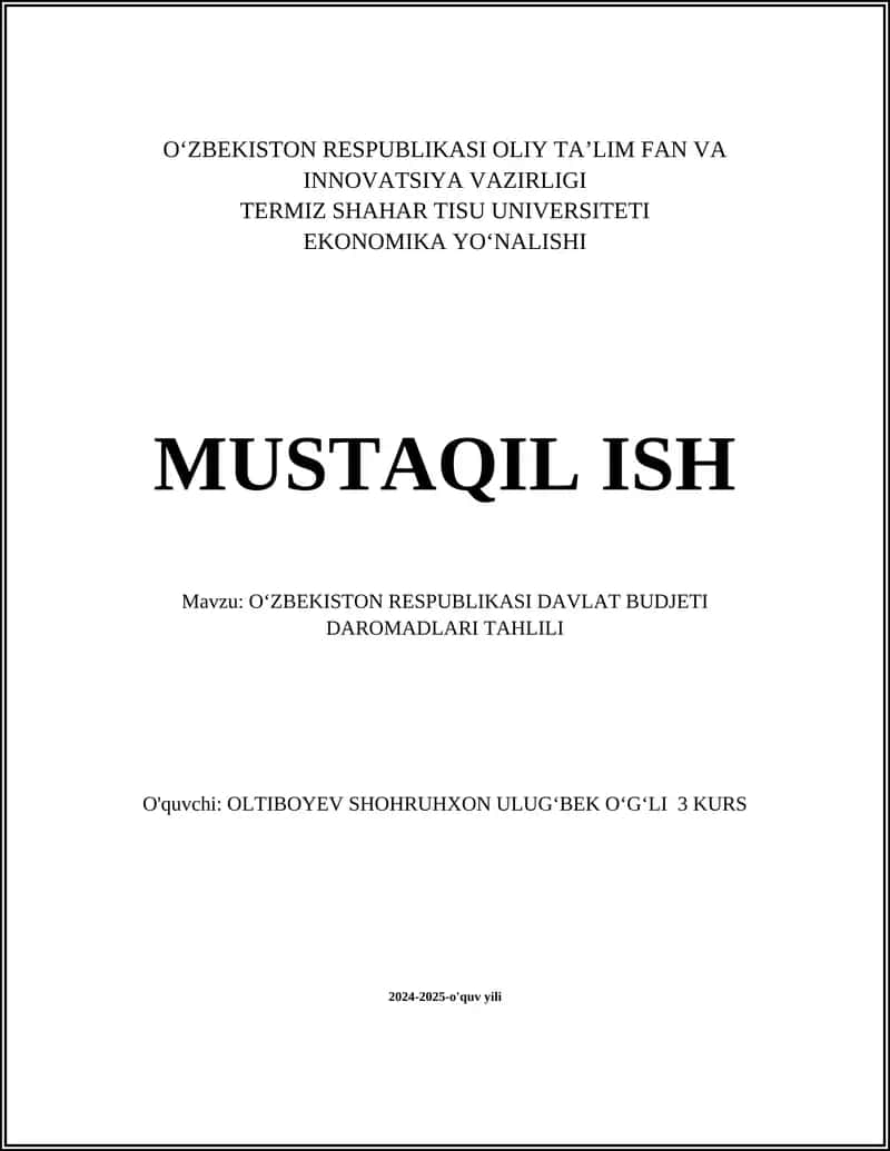 O‘ZBEKISTON RESPUBLIKASI DAVLAT BUDJETI DAROMADLARI TAHLILI