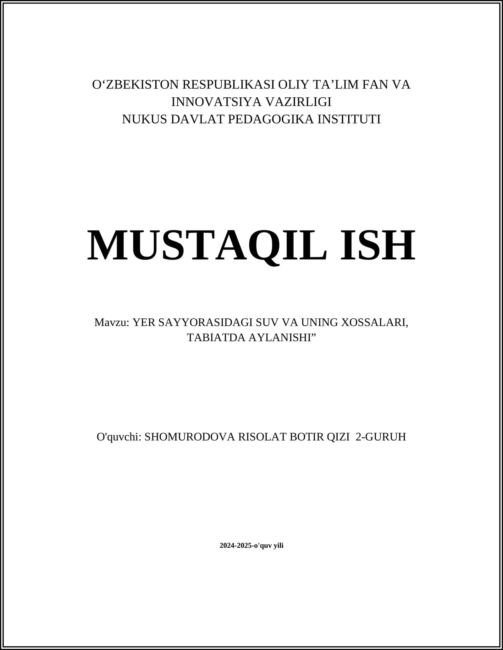 YER SAYYORASIDAGI SUV VA UNING XOSSALARI, TABIATDA AYLANISHI