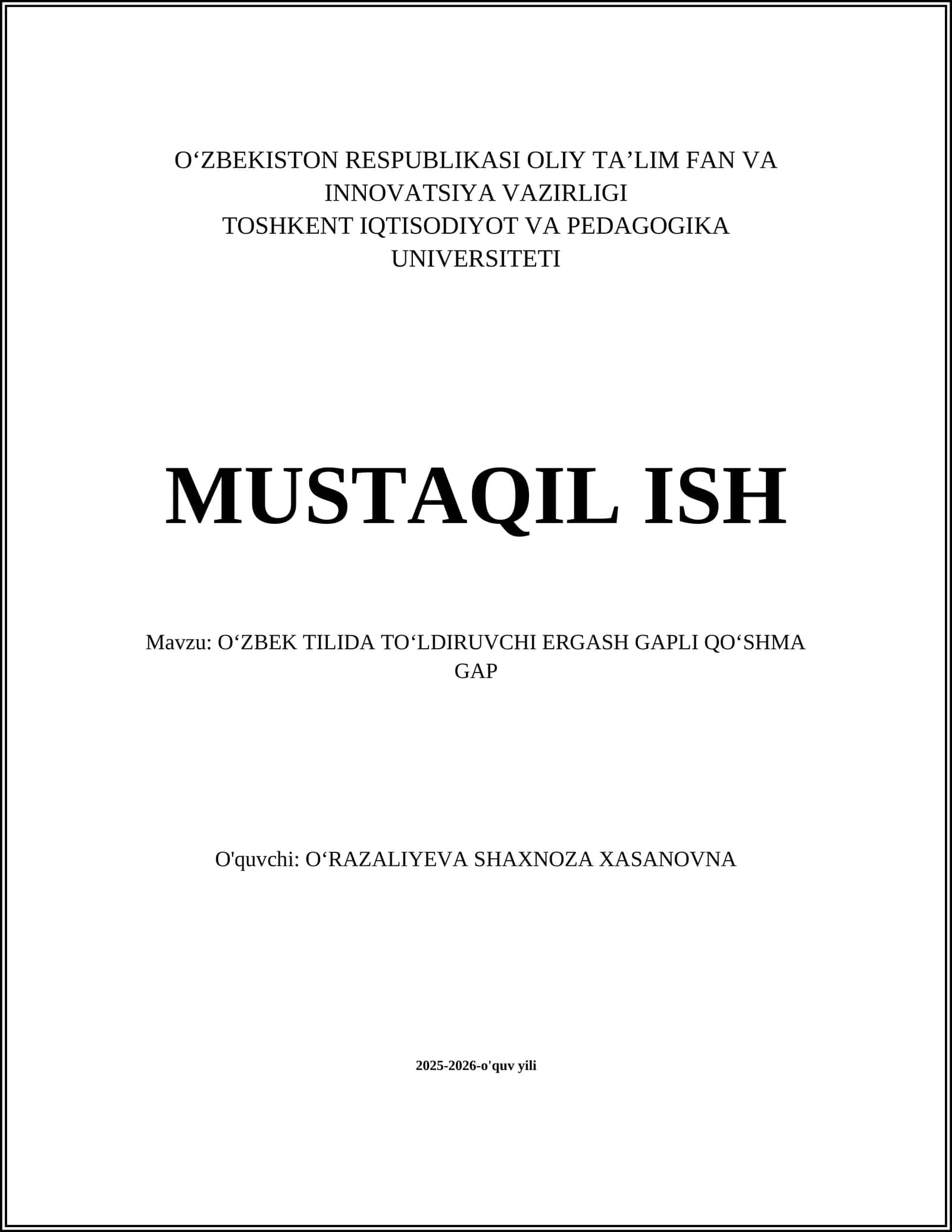O'ZBEK TILIDA TO'LDIRUVCHI ERGASH GAPLI QO'SHMA GAP