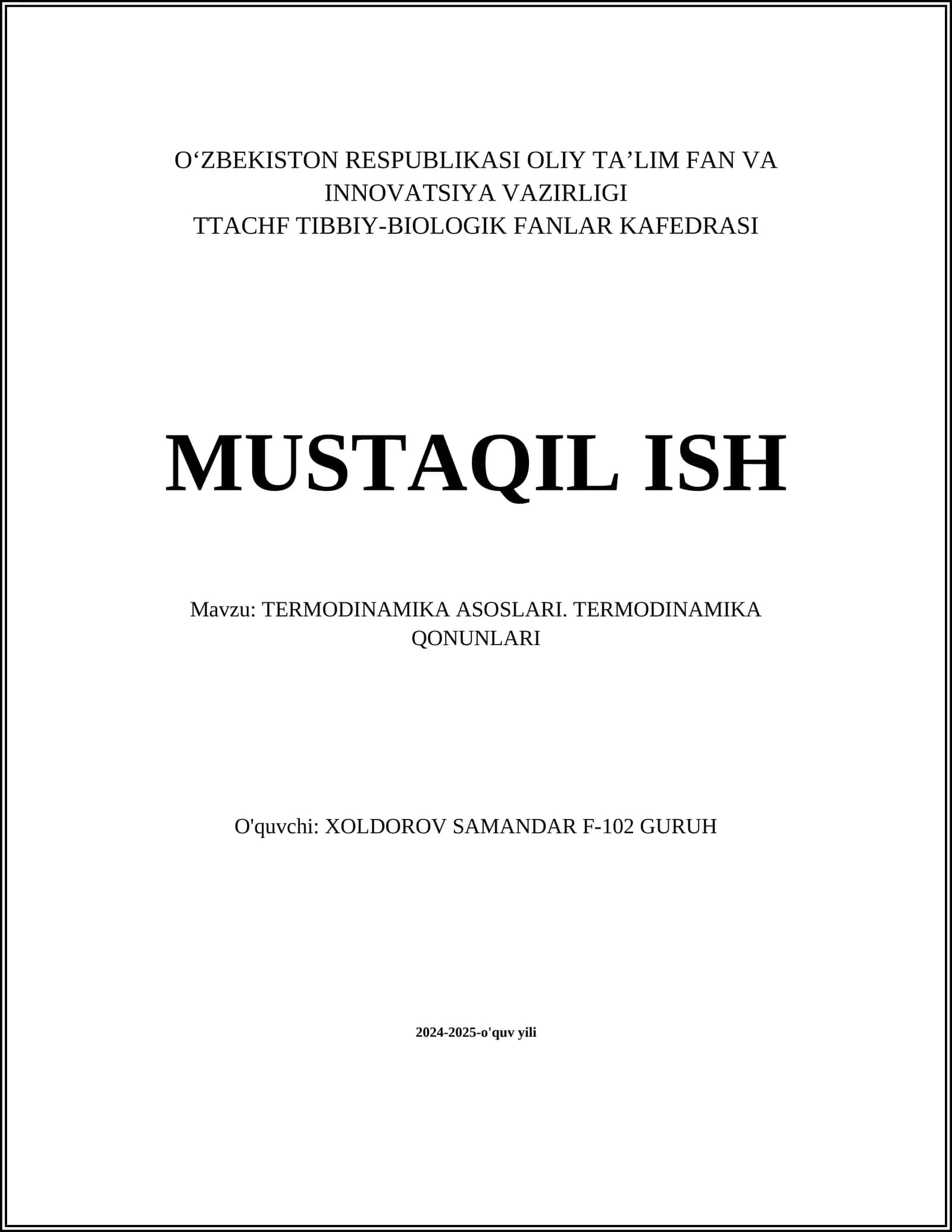 TERMODINAMIKA ASOSLARI. TERMODINAMIKA QONUNLARI