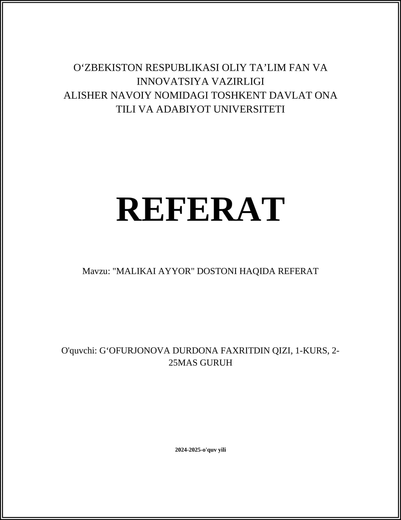 Malikai Ayyor dostoni haqida referat