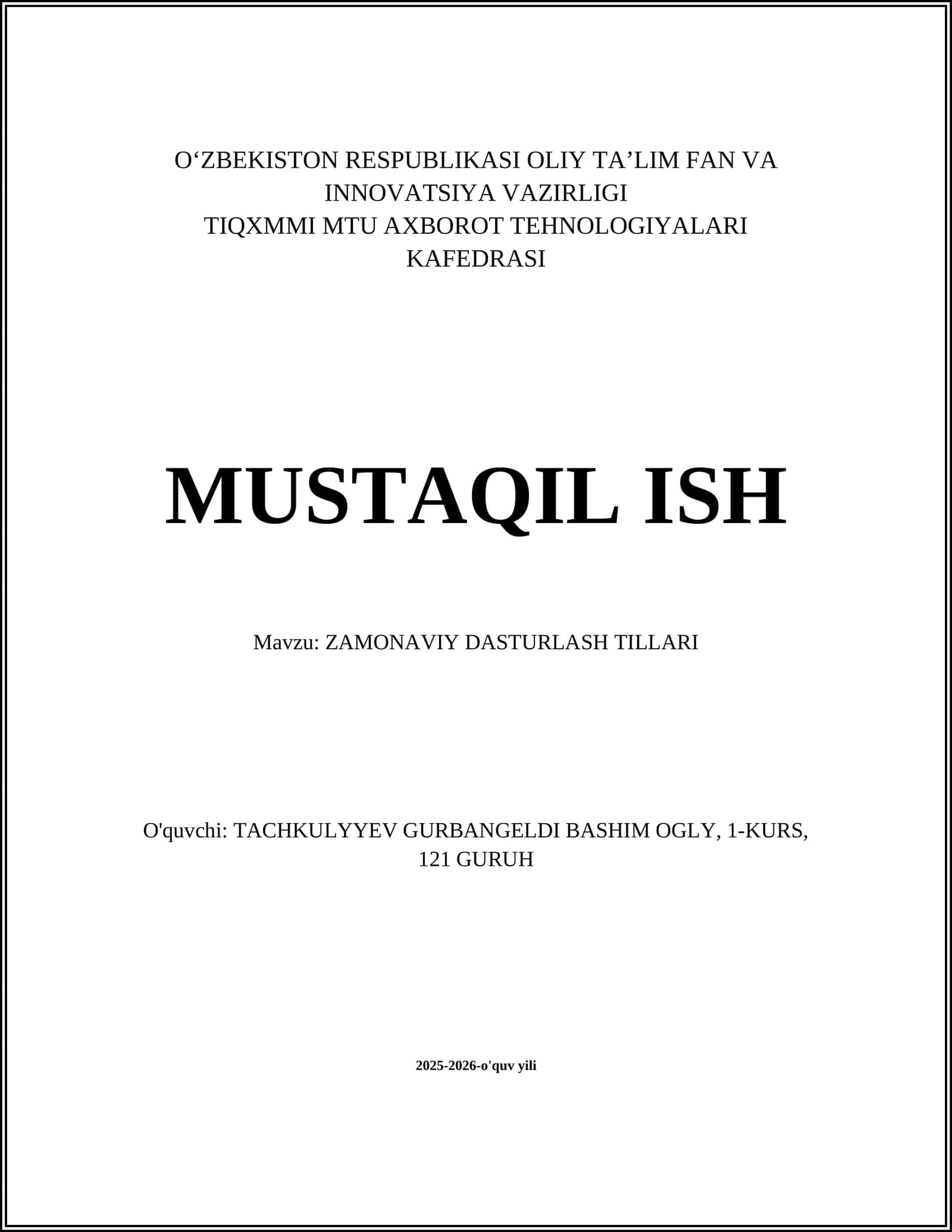 ZAMONAVIY DASTURLASH TILLARI