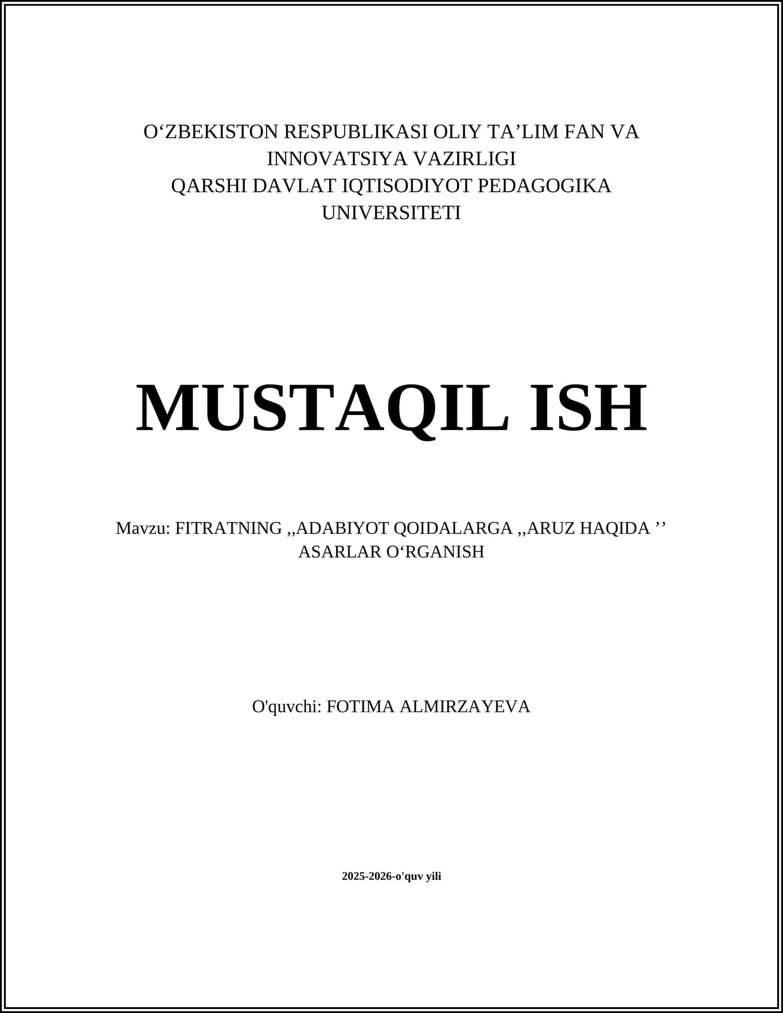 FITRATNING "ADABIYOT QOIDALARGA," ARUZ HAQIDAʼʼ ASARLAR OʻRGANISH