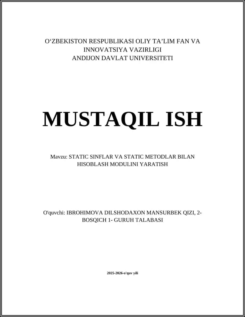 STATIC SINFLAR VA STATIC METODLAR BILAN HISOBLASH MODULI