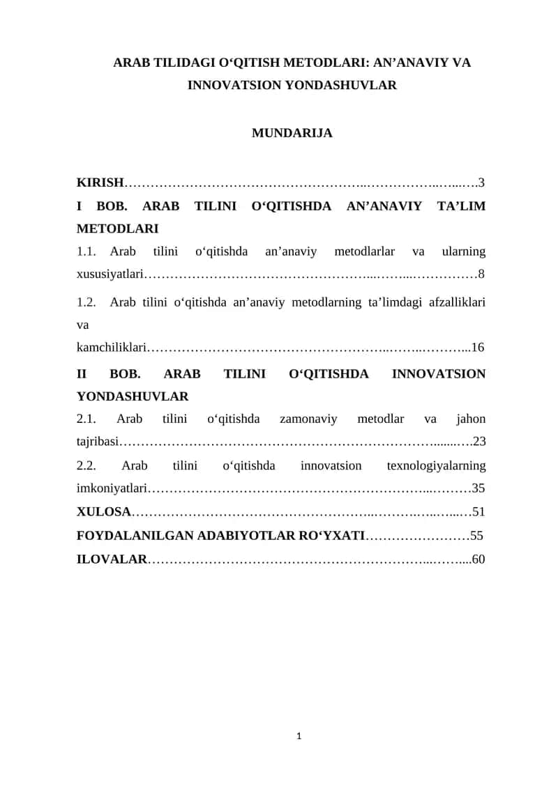 DIPLOM ISHI Arab tilidagi o‘qitish metodlari: an’anaviy va innovatsion yondashuvlar