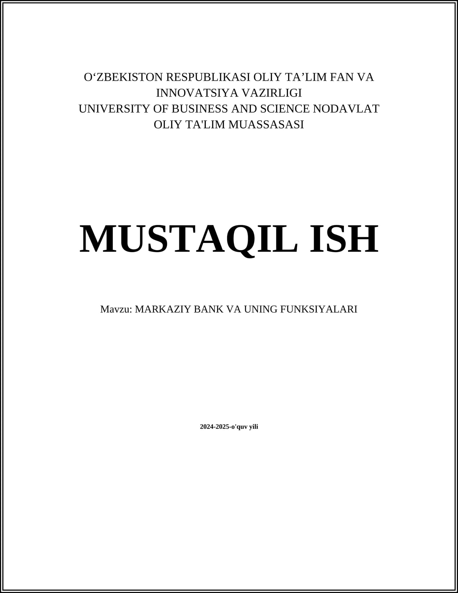 MARKAZIY BANK VA UNING FUNKSIYALARI