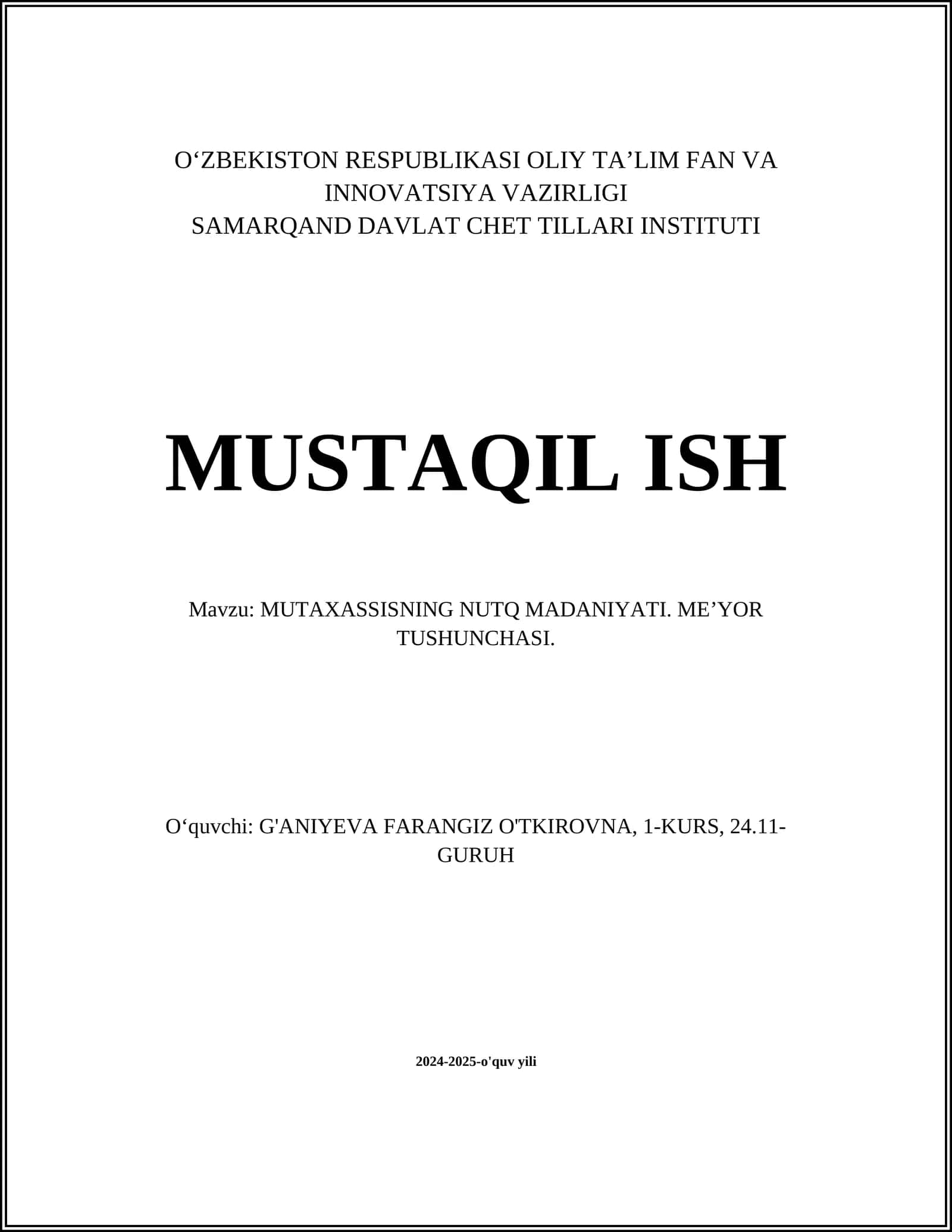 MUTAXASSISNING NUTQ MADANIYATI. ME’YOR TUSHUNCHASI
