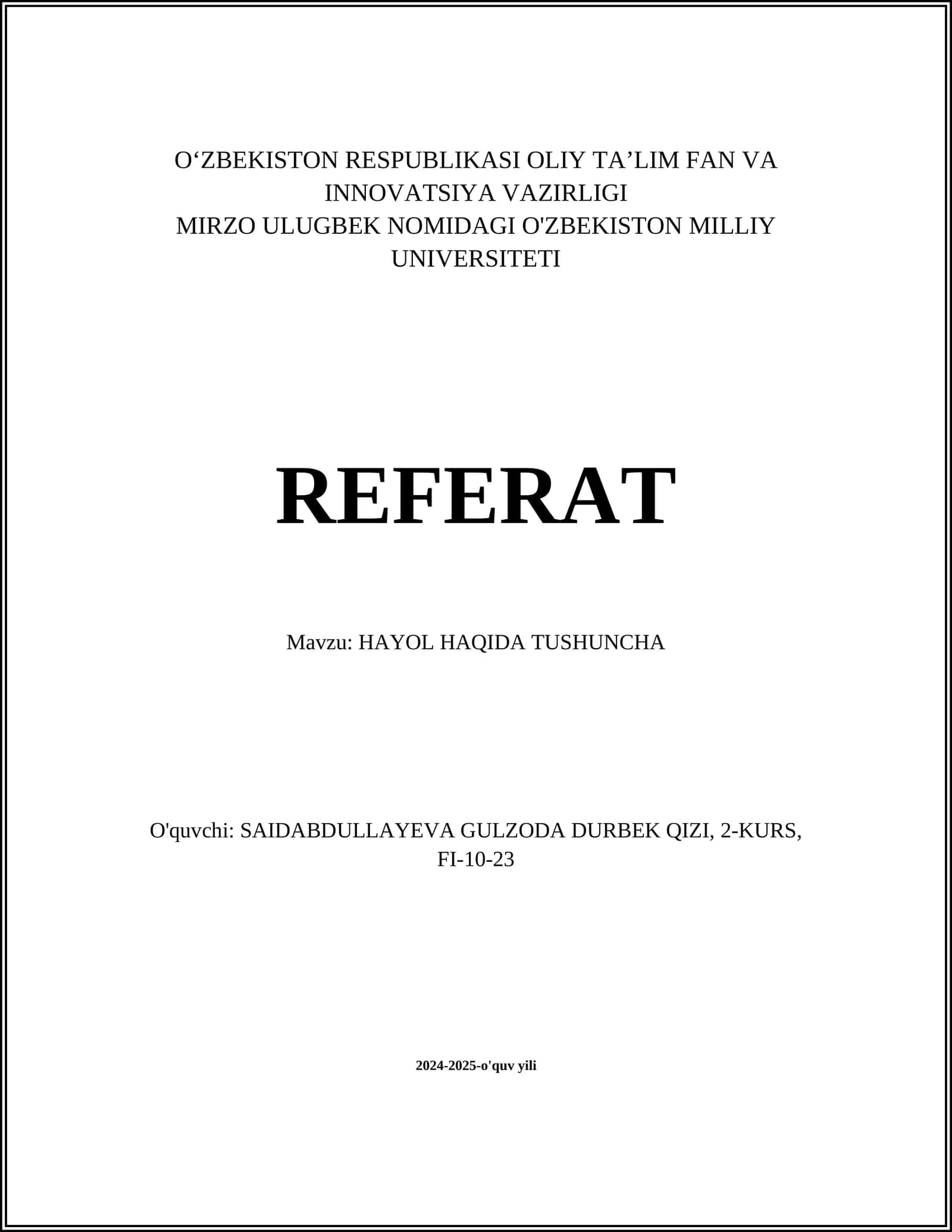 HAYOL HAQIDA TUSHUNCHA