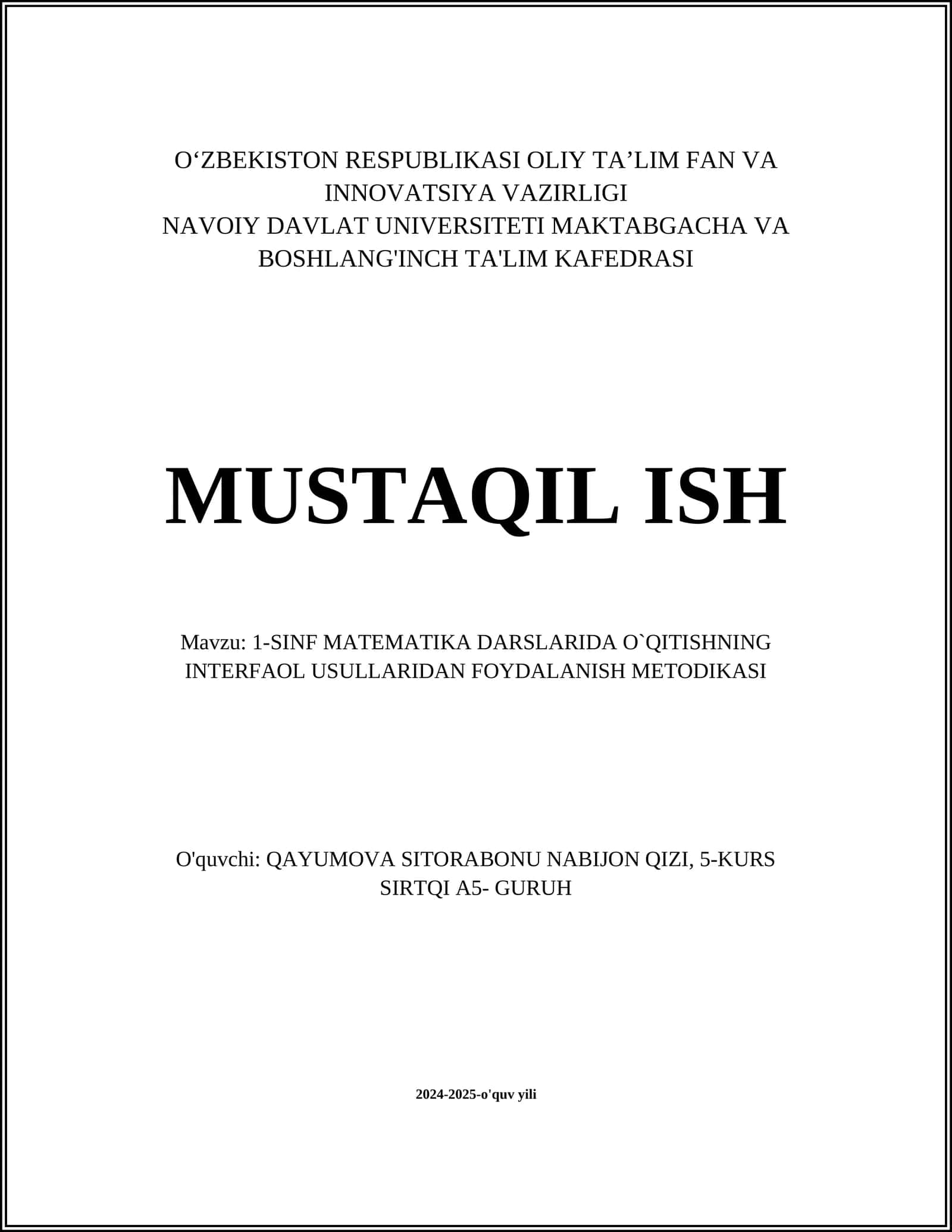 1-SINF MATEMATIKA DARSLARIDA O`QITISHNING INTERFAOL USULLARIDAN FOYDALANISH METODIKASI