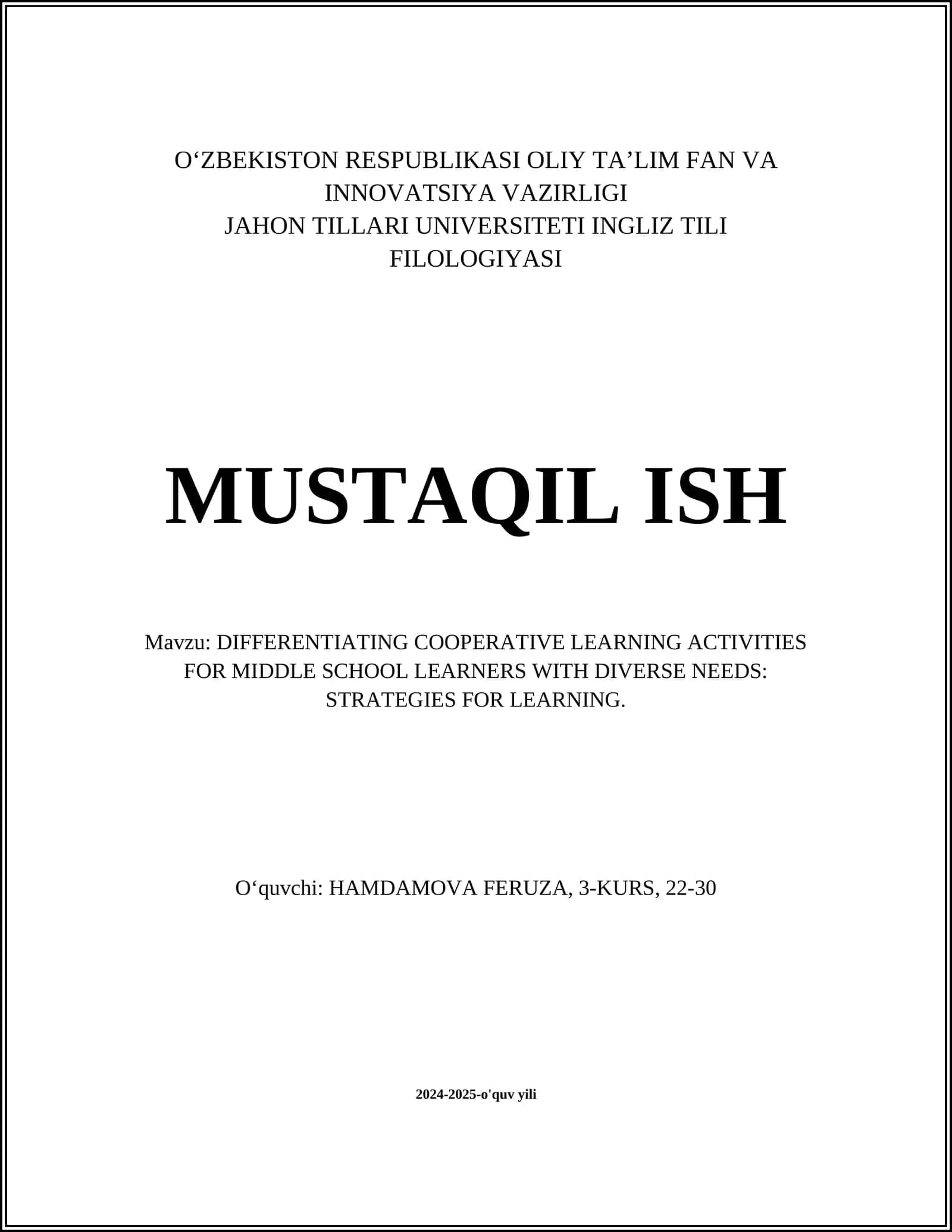 DIFFERENTIATING COOPERATIVE LEARNING ACTIVITIES FOR MIDDLE SCHOOL LEARNERS WITH DIVERSE NEEDS: STRATEGIES FOR LEARNING