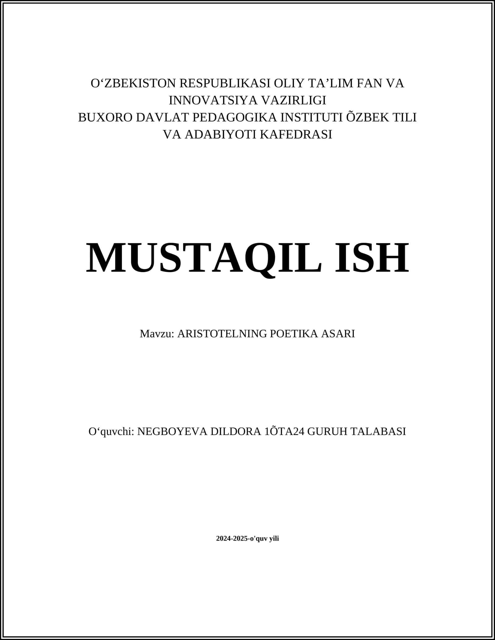 ARISTOTELNING POETIKA ASARI