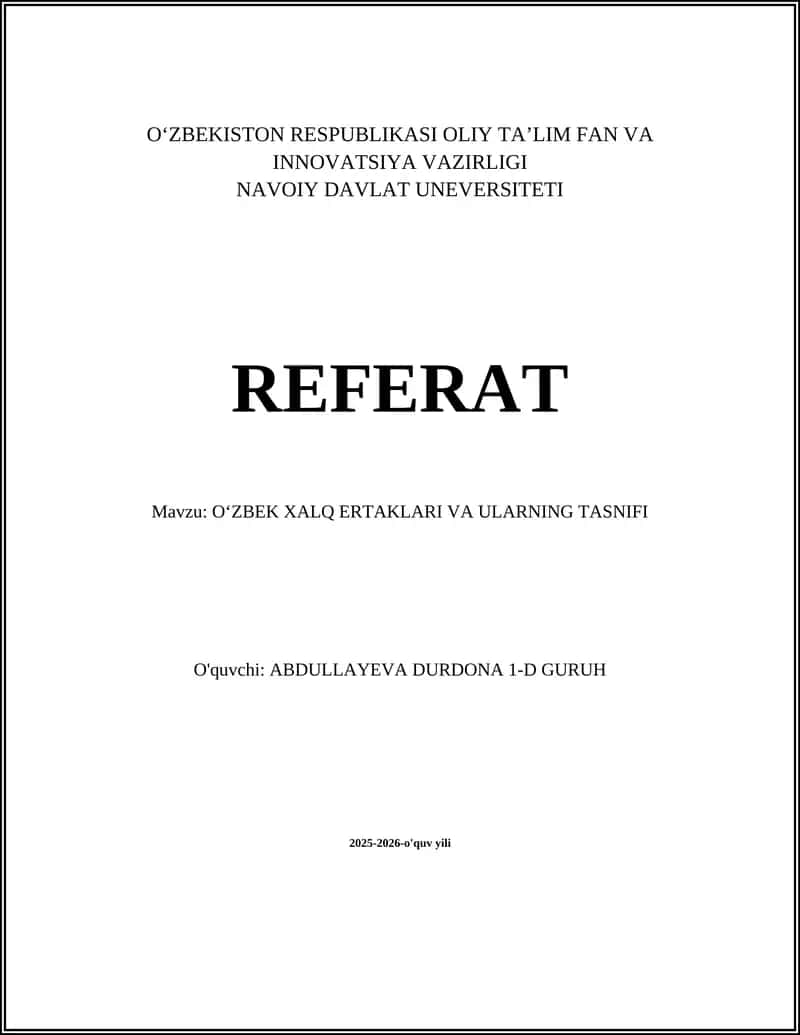 Oʻzbek Xalq Ertaklari va Ularning Tasnifi