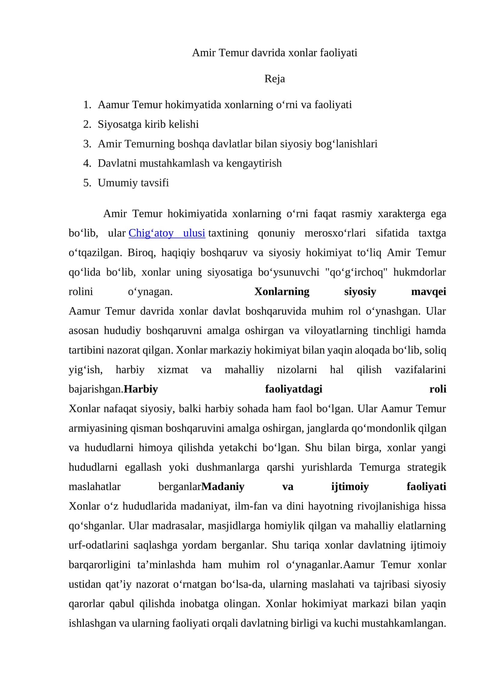 Amir Temur davrida xonlar faoliyati