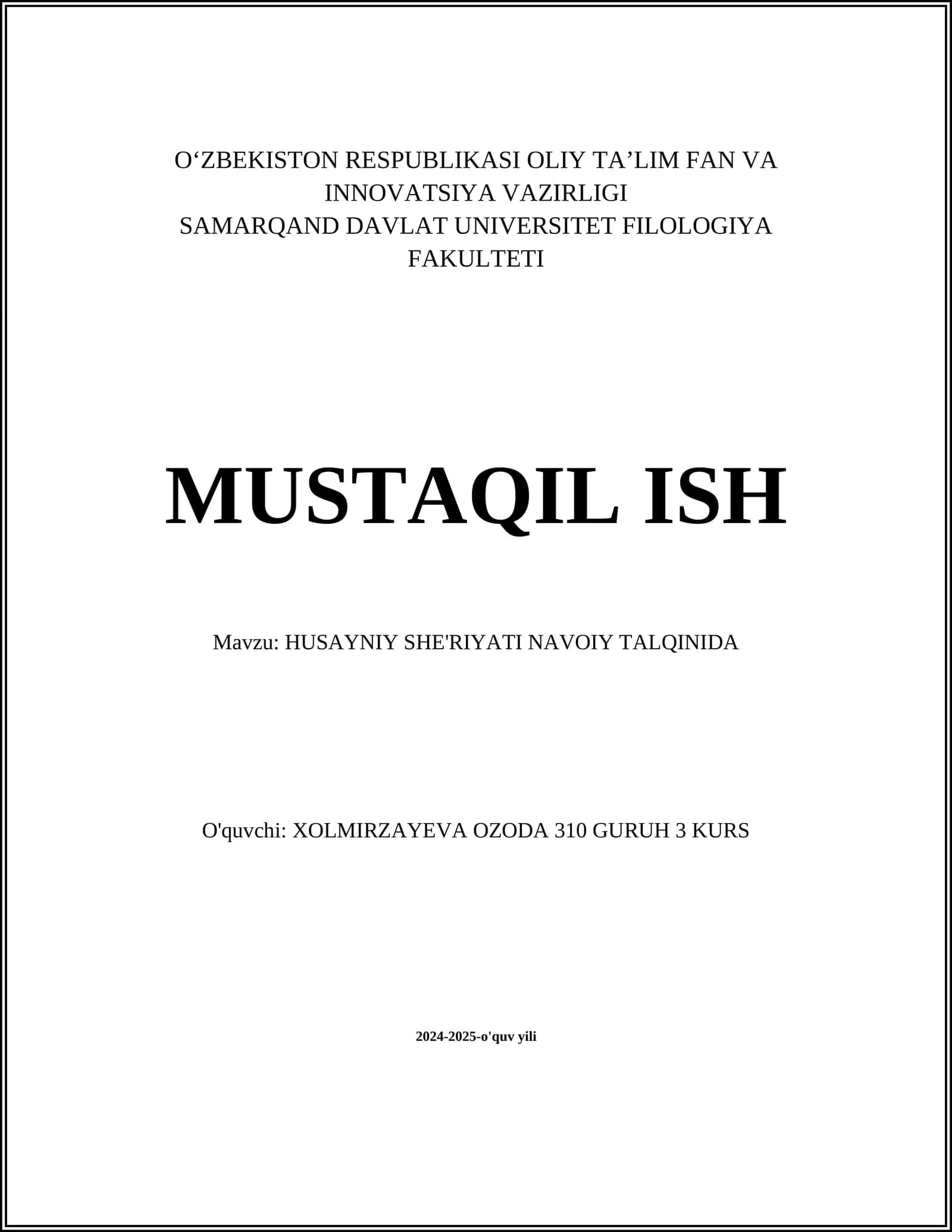 HUSAYNIY SHE'RIYATI NAVOIY TALQINIDA