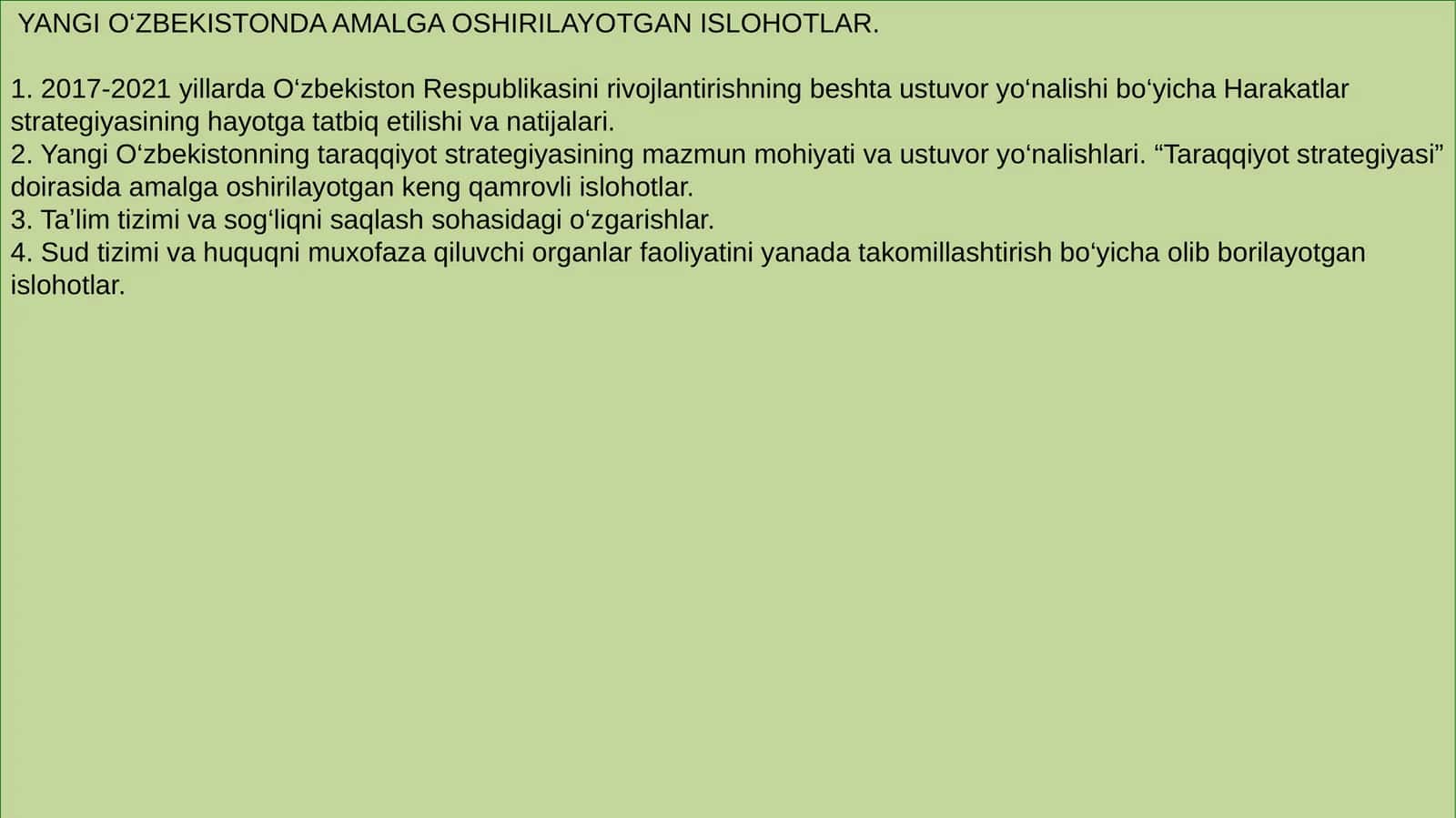 Yangi O‘zbekistonda Amalga Oshirilayotgan Ishlohotlar