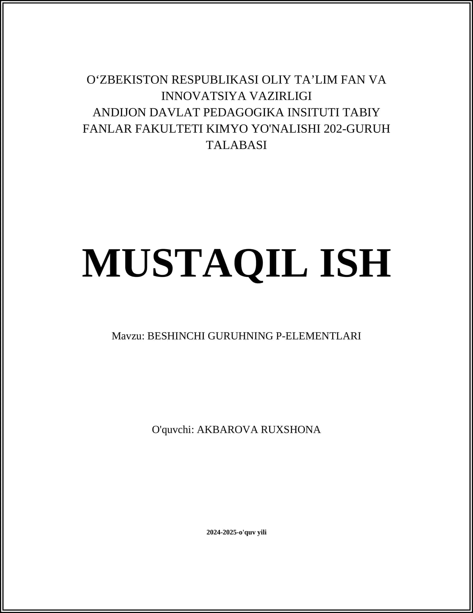 BESHINCHI GURUHNING P-ELEMENTLARI