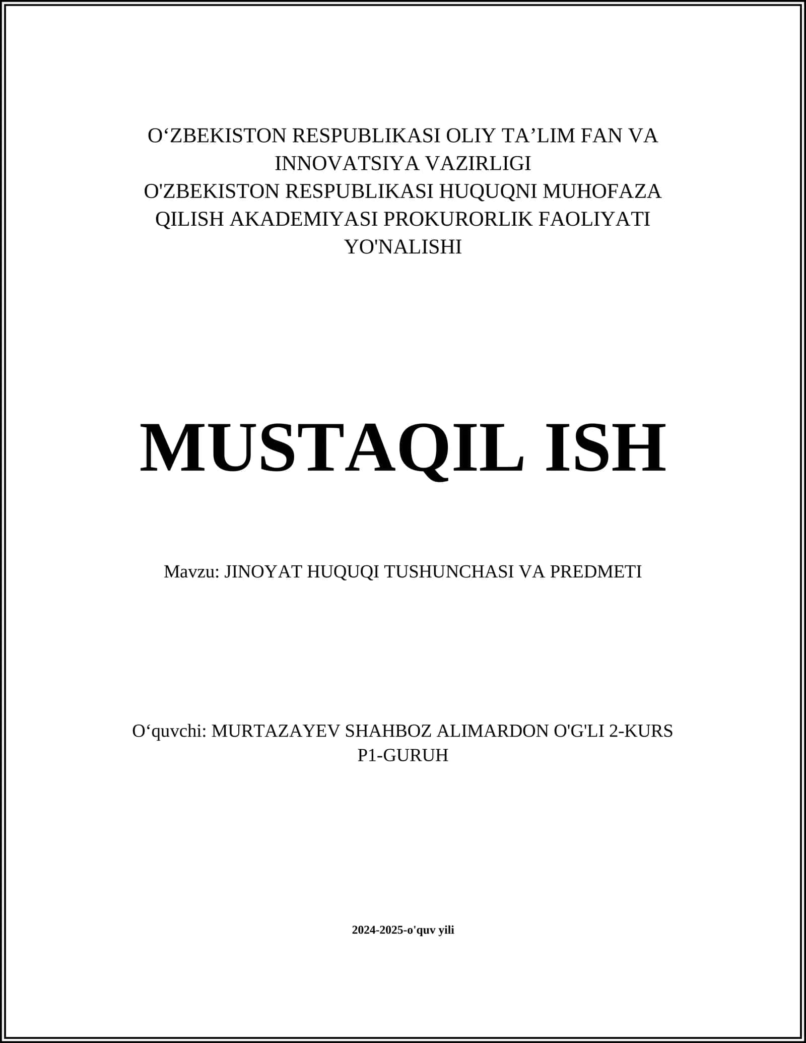 JINOYAT HUQUQI TUSHUNCHASI VA PREDMETI