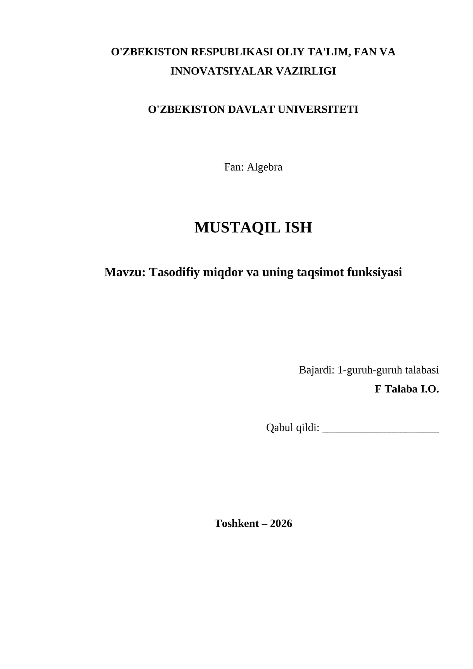 Tasodifiy miqdor va uning taqsimot funksiyasi