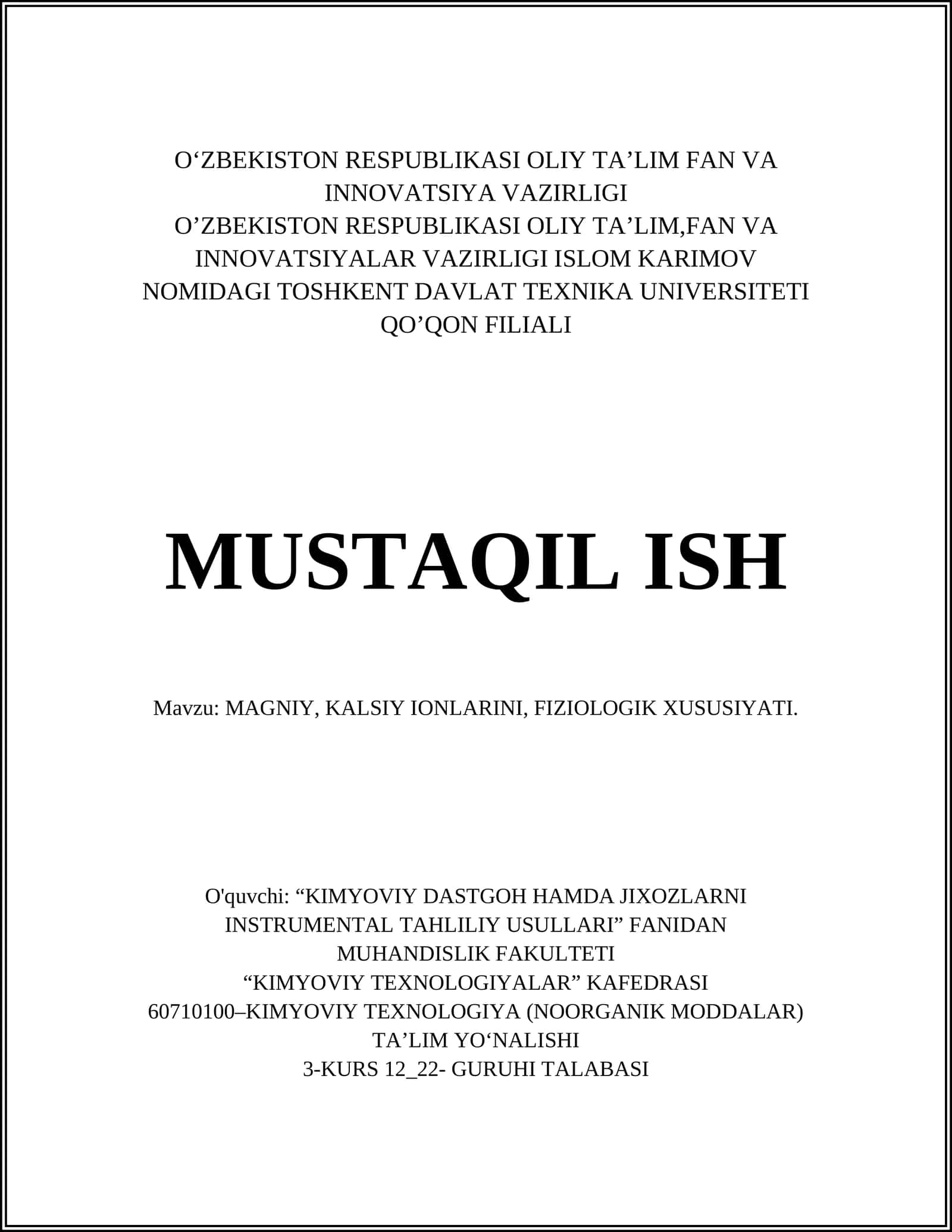 MAGNIY, KALSIY IONLARINI, FIZIOLOGIK XUSUSIYATI
