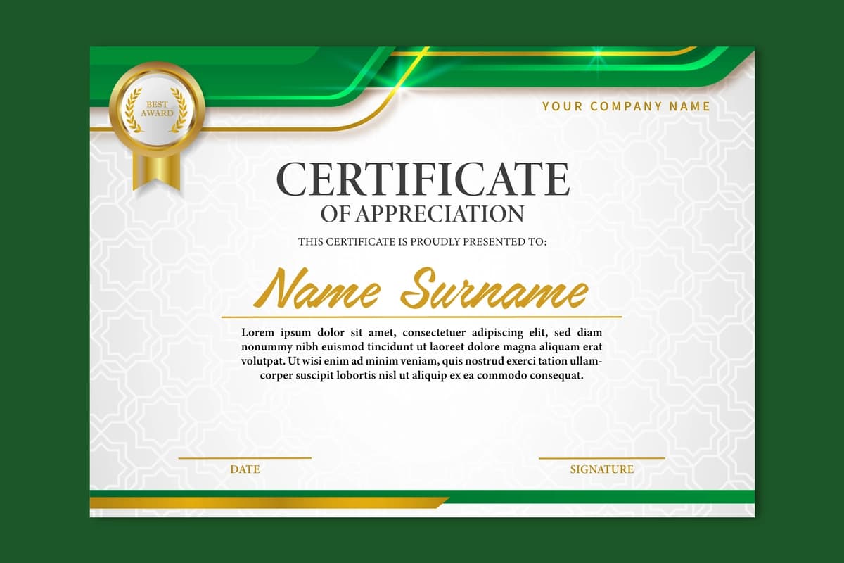 Sertifikatning minnatdorchiligi yashil oltin bilan ko'rsatilgan | Certificate appreciation is shown green gold