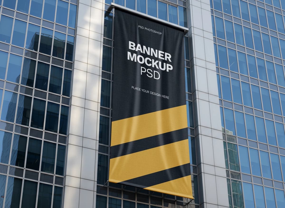 Vertikal reklama banneri maketi zamonaviy bino jabhasi | Vertical advertising banner mockup modern building facade