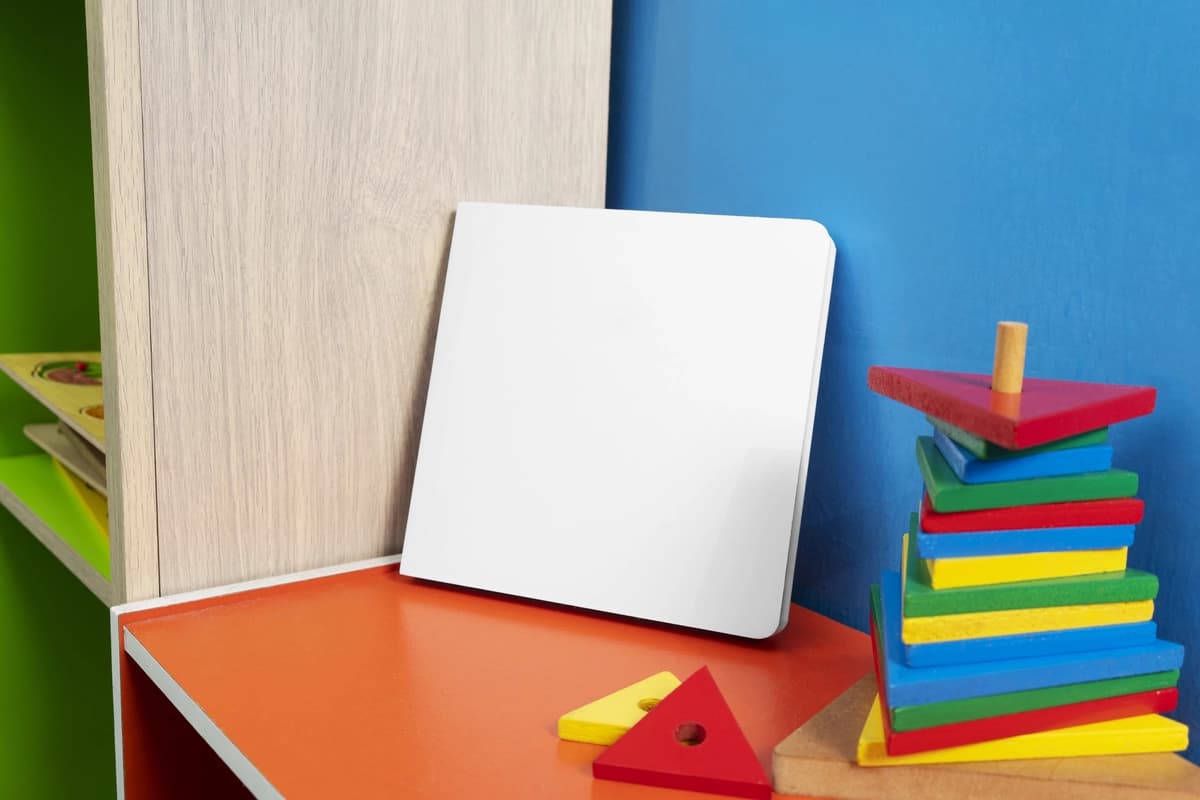 Yuqori ko'rinishdagi karton bolalar kitobi maketi | Top view cardboard baby book mockup
