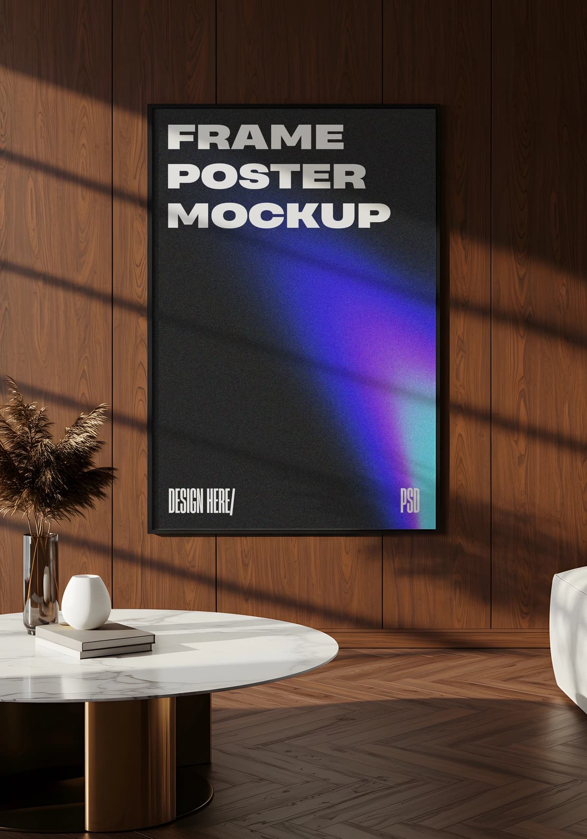 Qora plakat ramkali maketli zamonaviy ichki yashash xonasi | Modern interior living room with black poster frame mockup