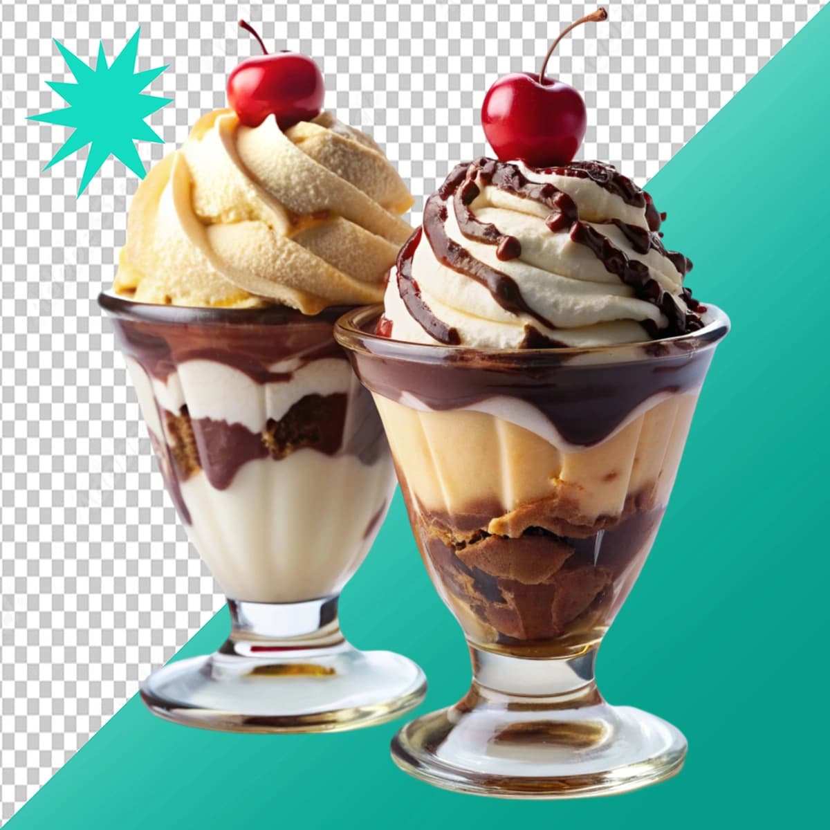 Shaffof fonda vanil shokoladli sundaes | Vanilla chocolate sundaes isolated transparent background