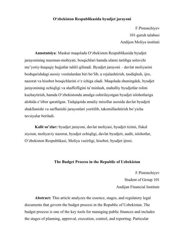 O'zbekiston Respublikasida byudjet jarayoni