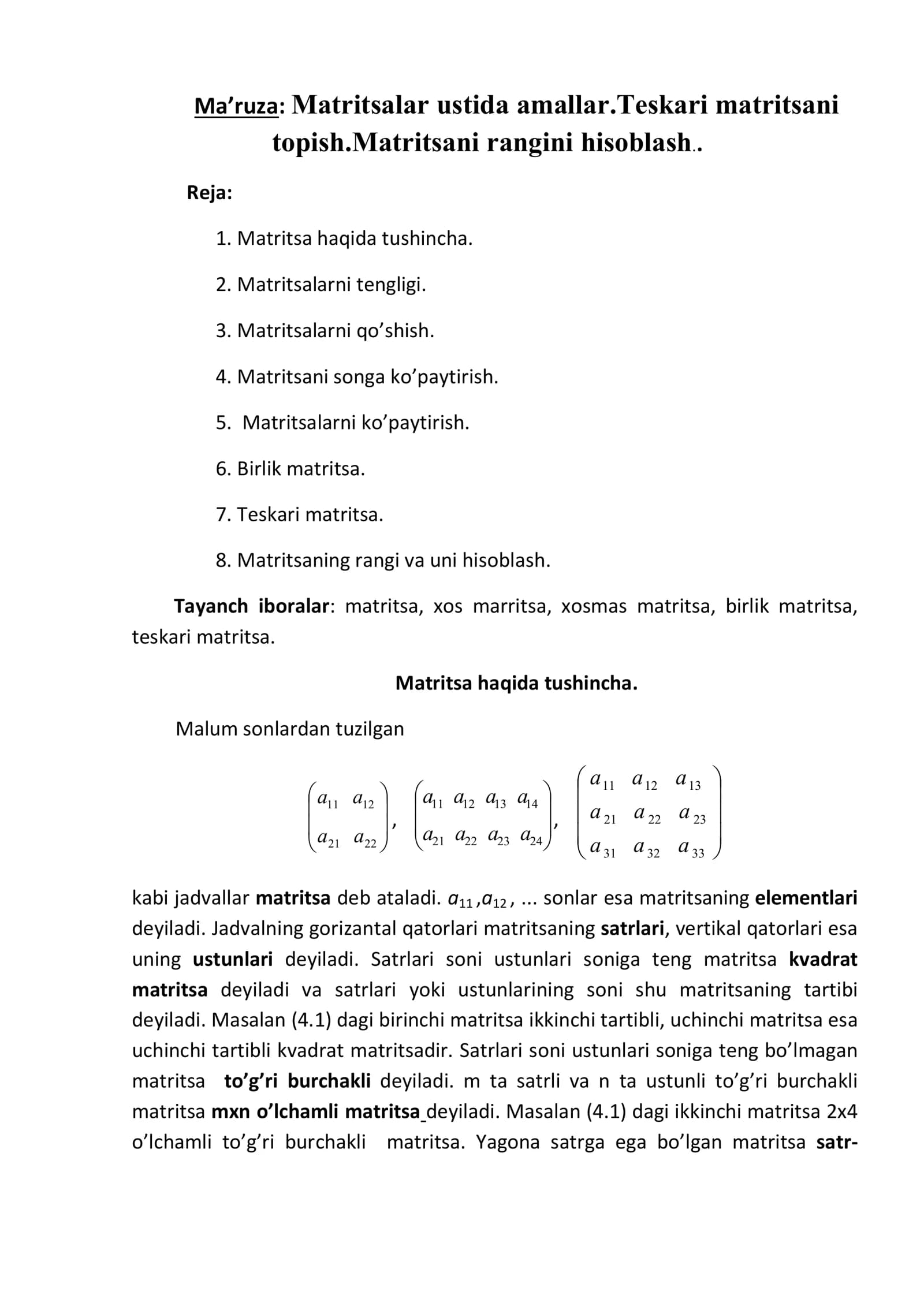 Matritsa ustida amallar