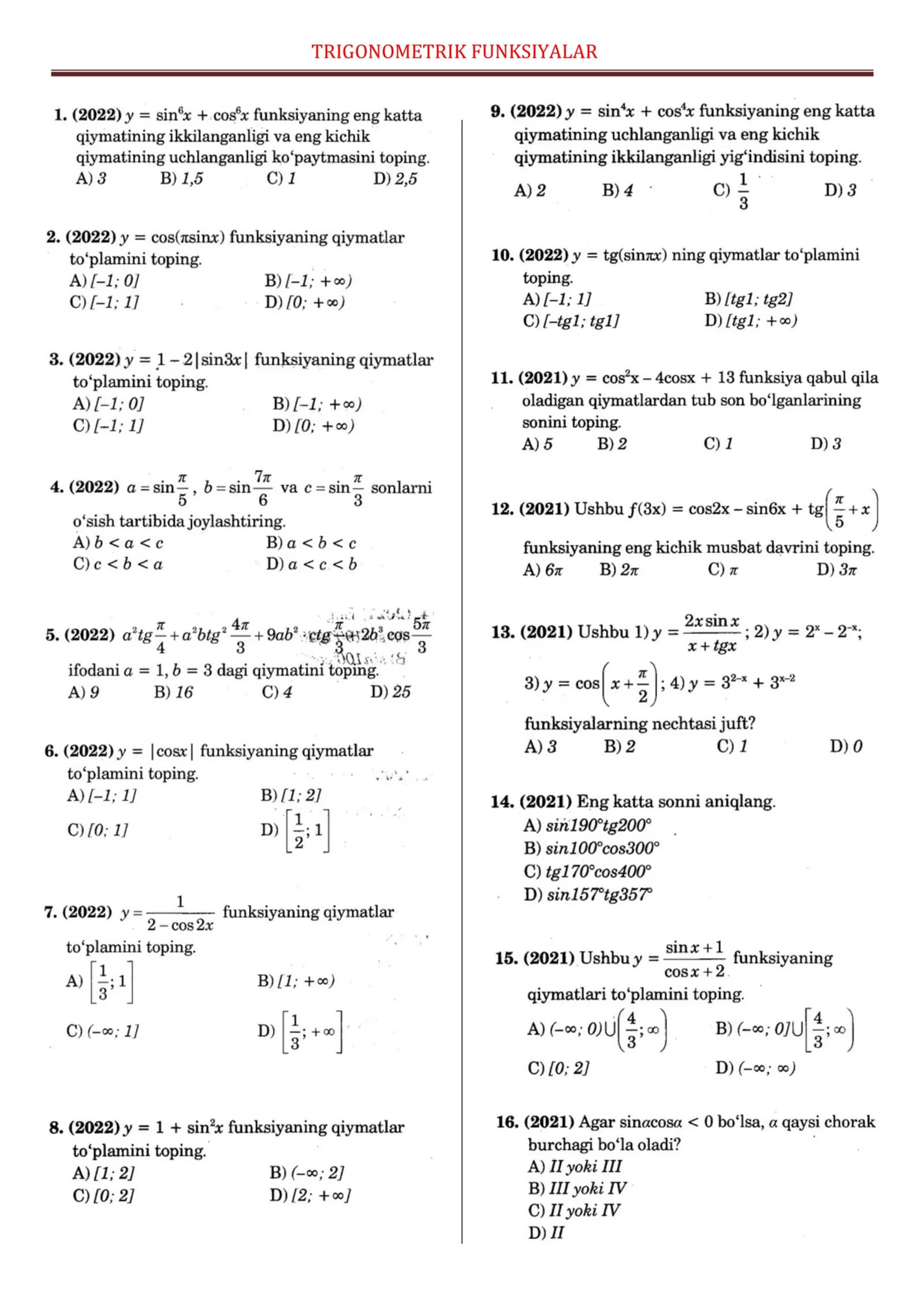 TRIGONOMETRIK FUNKSIYALAR