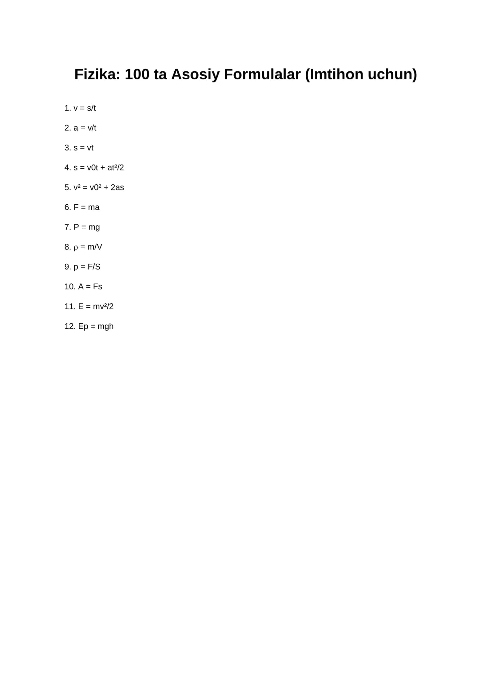Fizika 100 formula