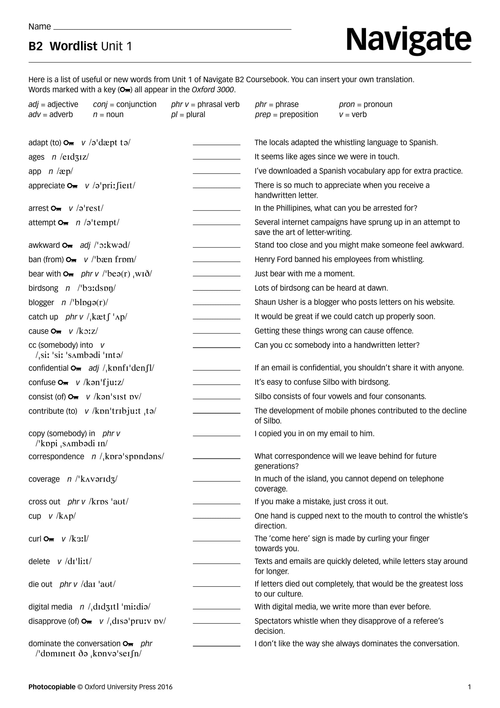 B2 Wordlist Unit 1