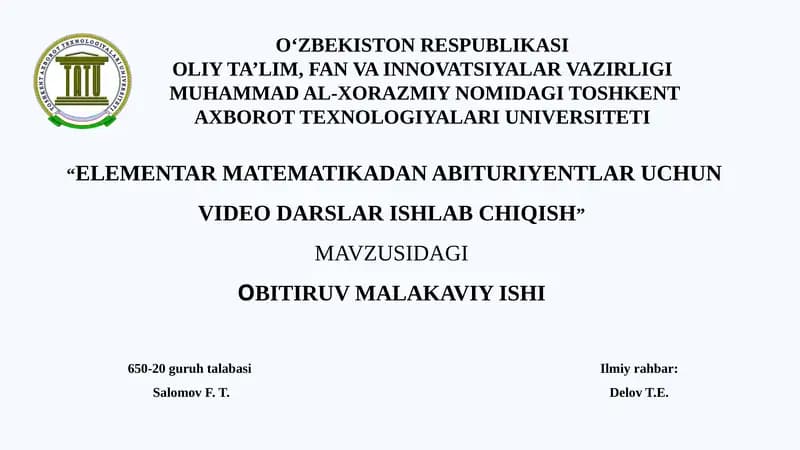 ELEMENTAR MATEMATIKADAN ABITURIYENTLAR UCHUN VIDEO DARSLAR