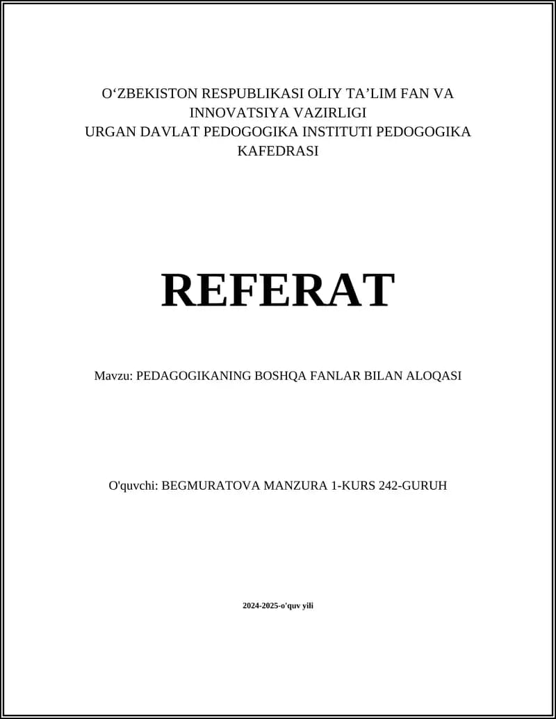 PEDAGOGIKANING BOSHQA FANLAR BILAN ALOQASI