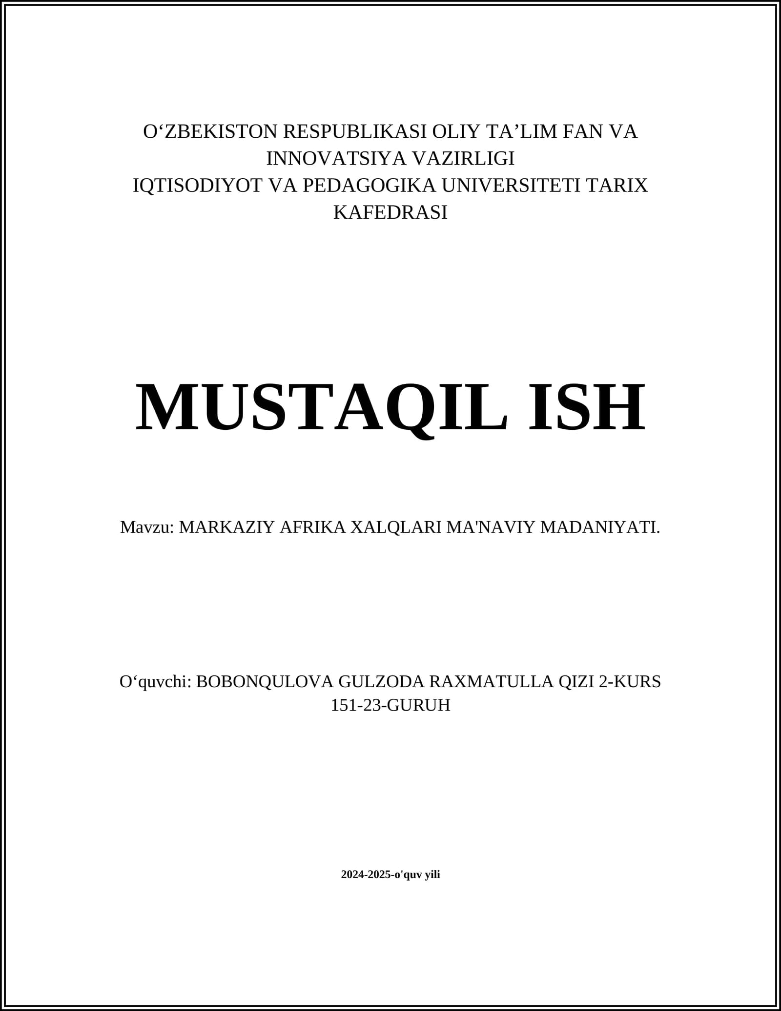 MARKAZIY AFRIKA XALQLARI MA'NAVIY MADANIYATI