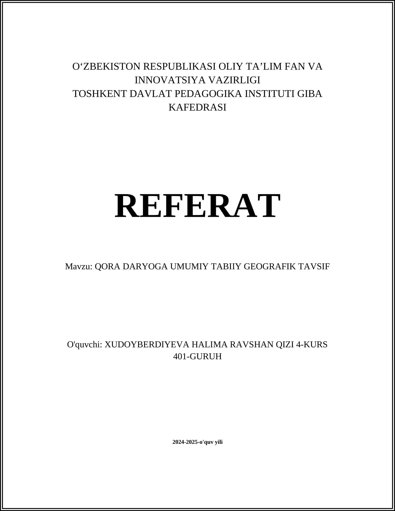 QORA DARYOGA UMUMIY TABIIY GEOGRAFIK TAVSIF